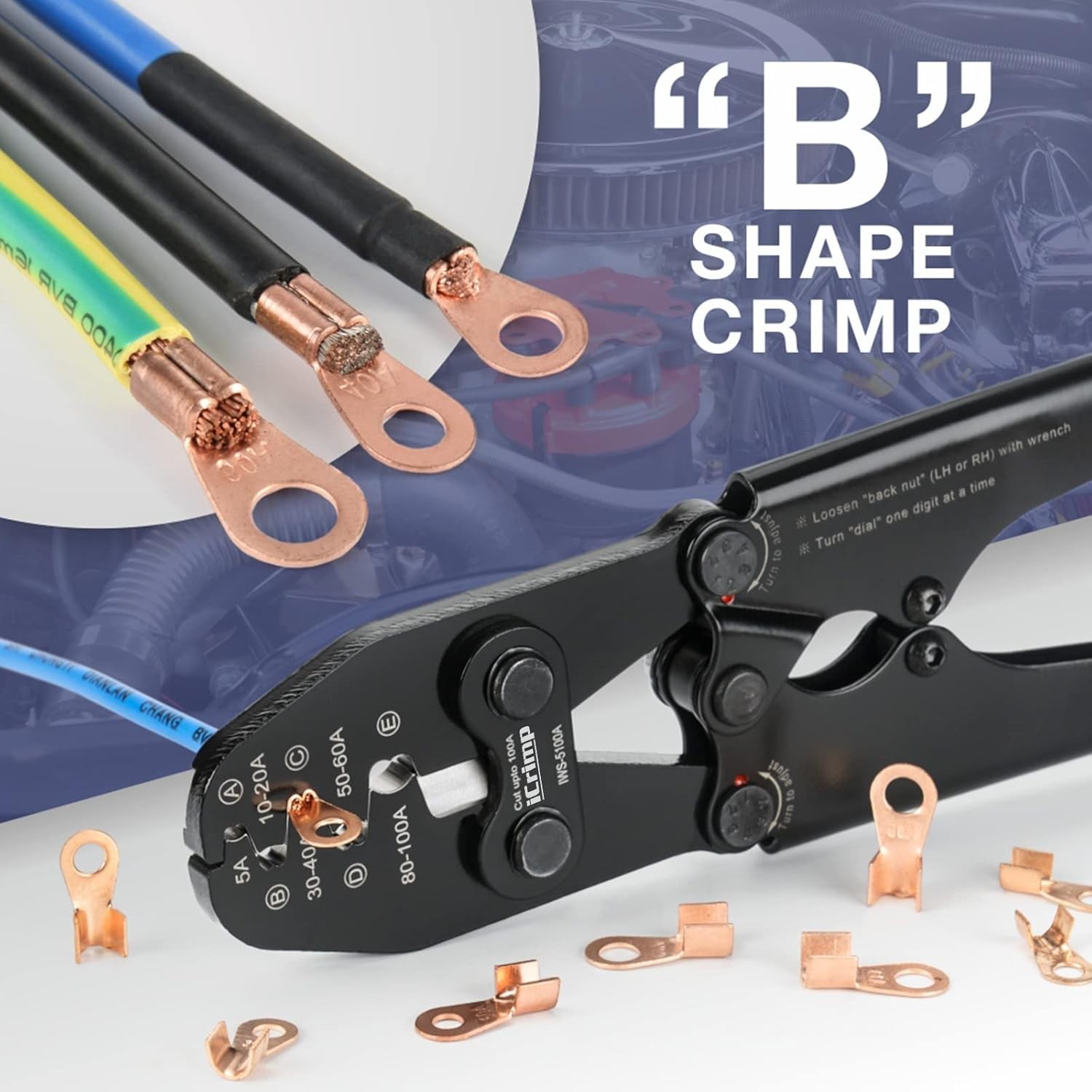 iCrimp Battery Cable Lug Crimping Tool for Open IWS-5100A(5A-100A), Blue