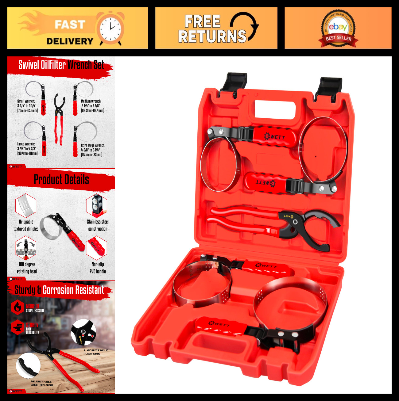 5-Piece Swivel Oil Filter Wrench Set with Adjustable Plier, Stainless Steel Tool