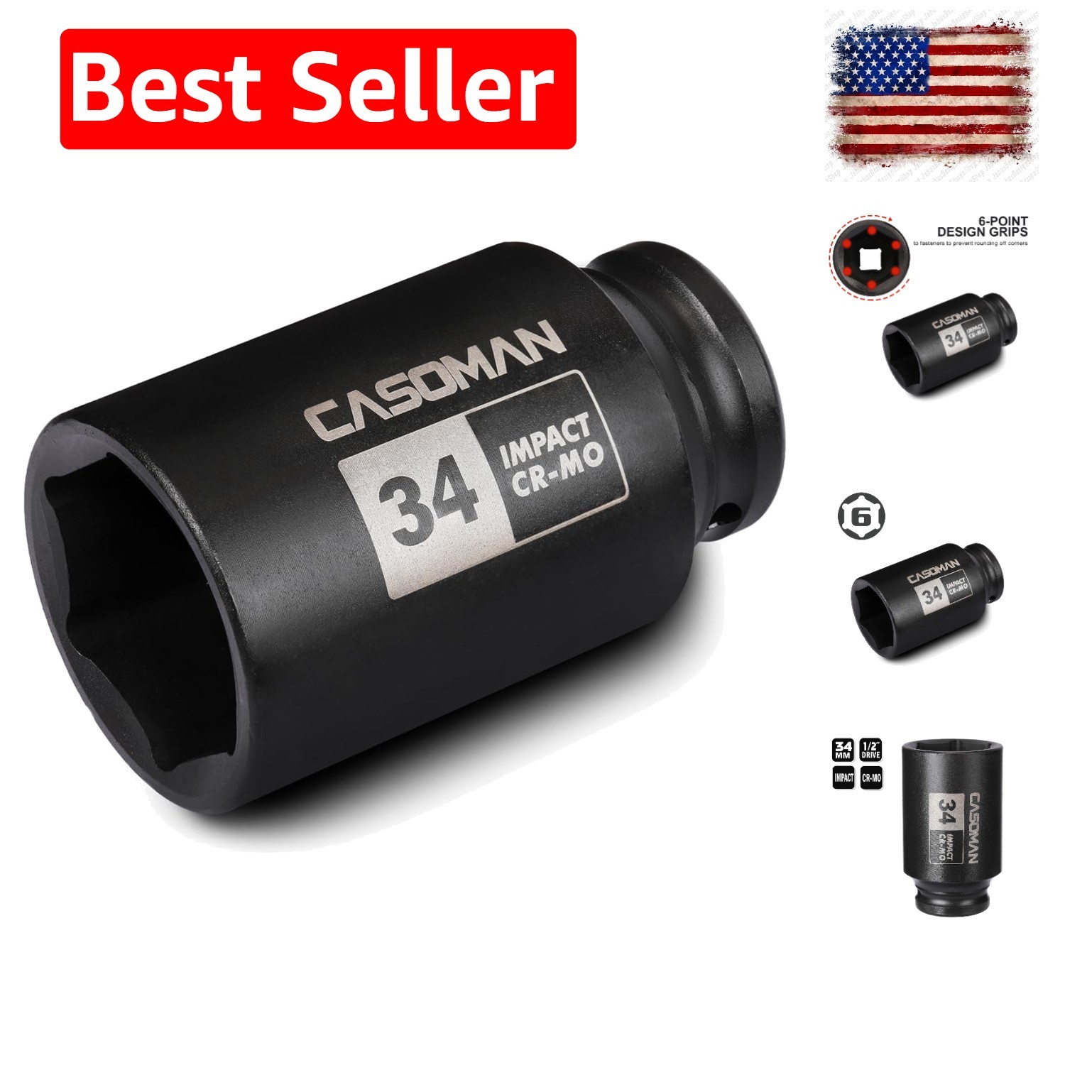 1/2″ Drive x 34 mm Deep 6 PT Impact Socket, CR-MO, 1/2-inch Drive 6 Point Axl…