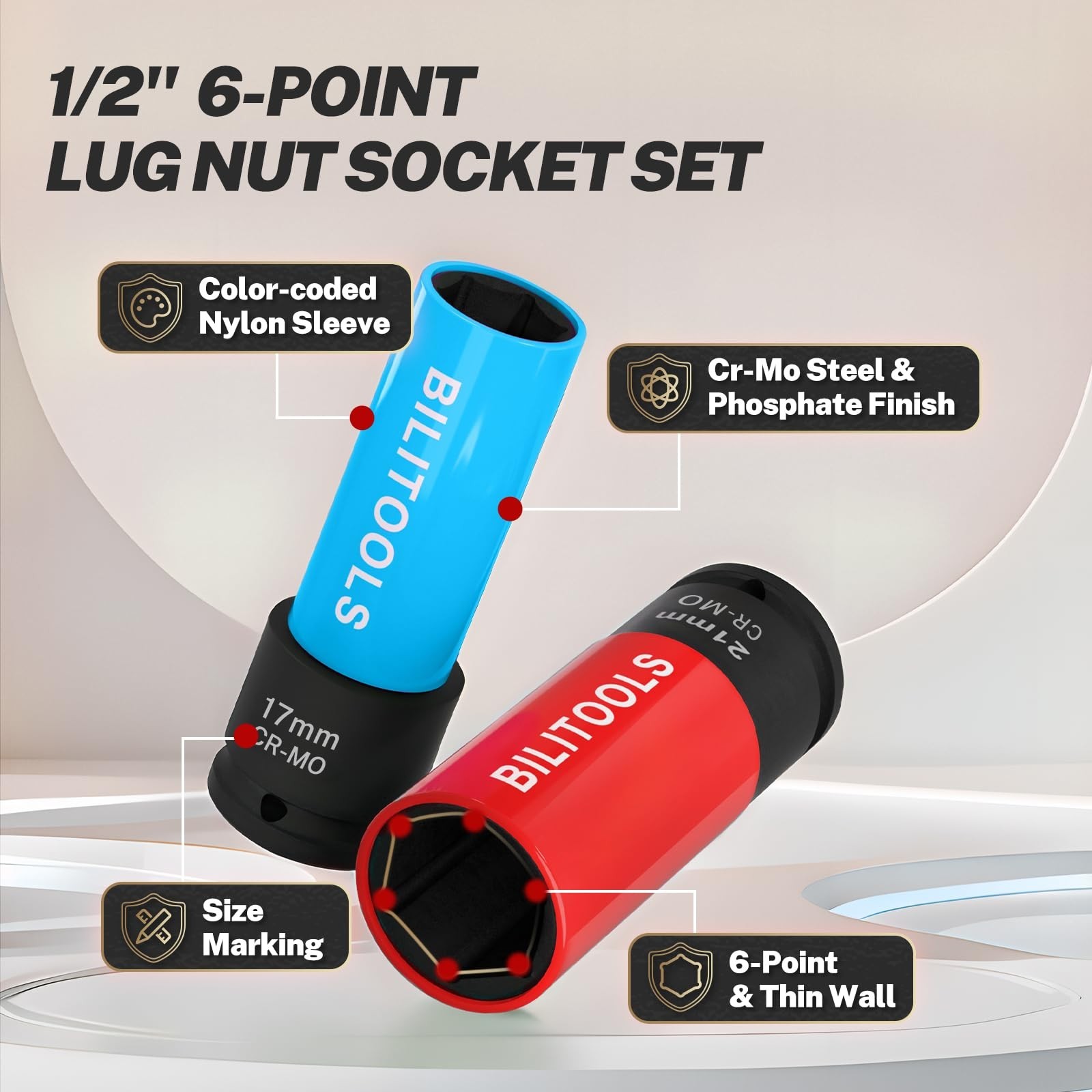 1/2″ Drive Impact Lug Nut Socket Set – Metric 17-21mm & SAE 13/16-7/8″ Thin Wall