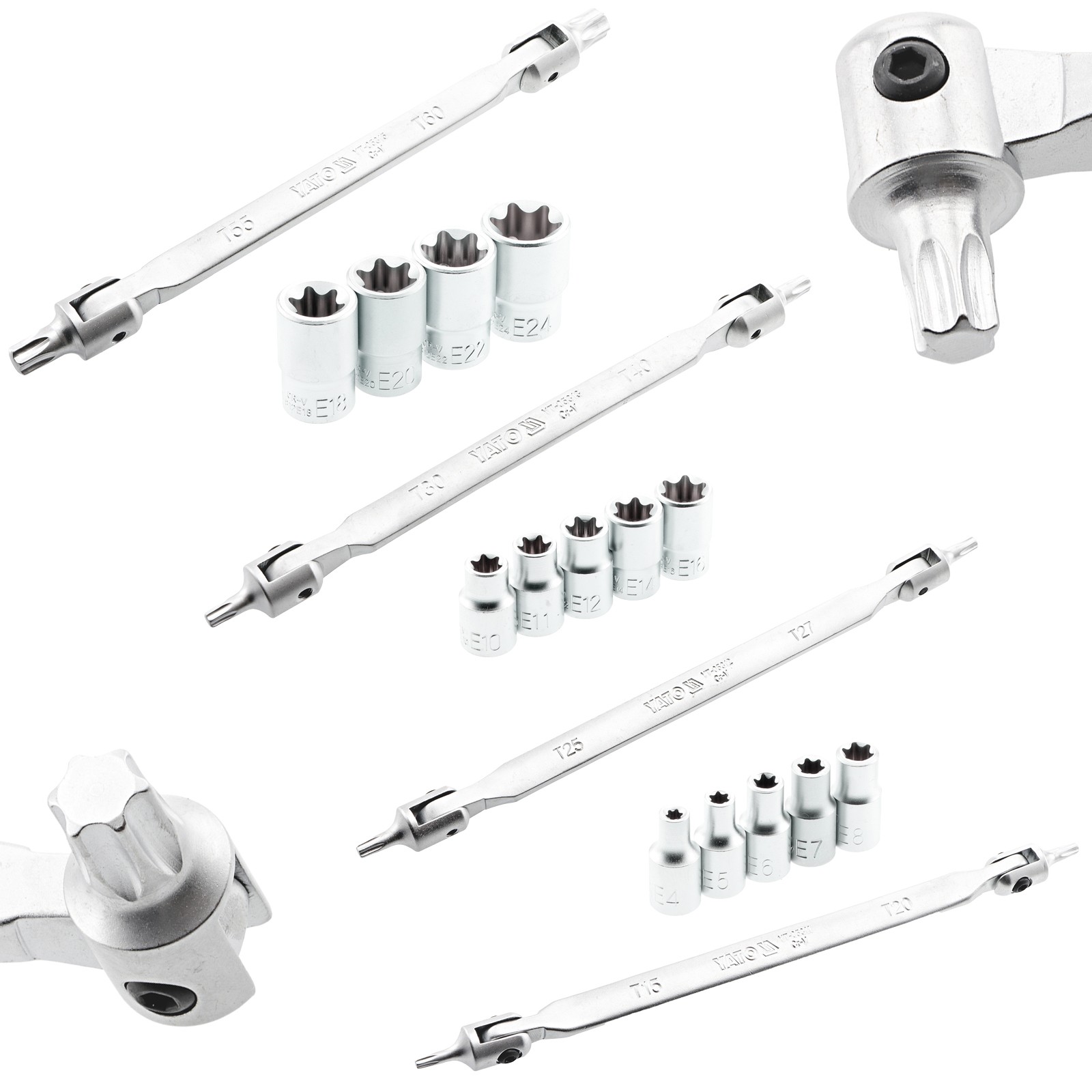 Internal External Socket Wrench Socket Set for Torx T15 – T60 & E4 – E24 with Joint