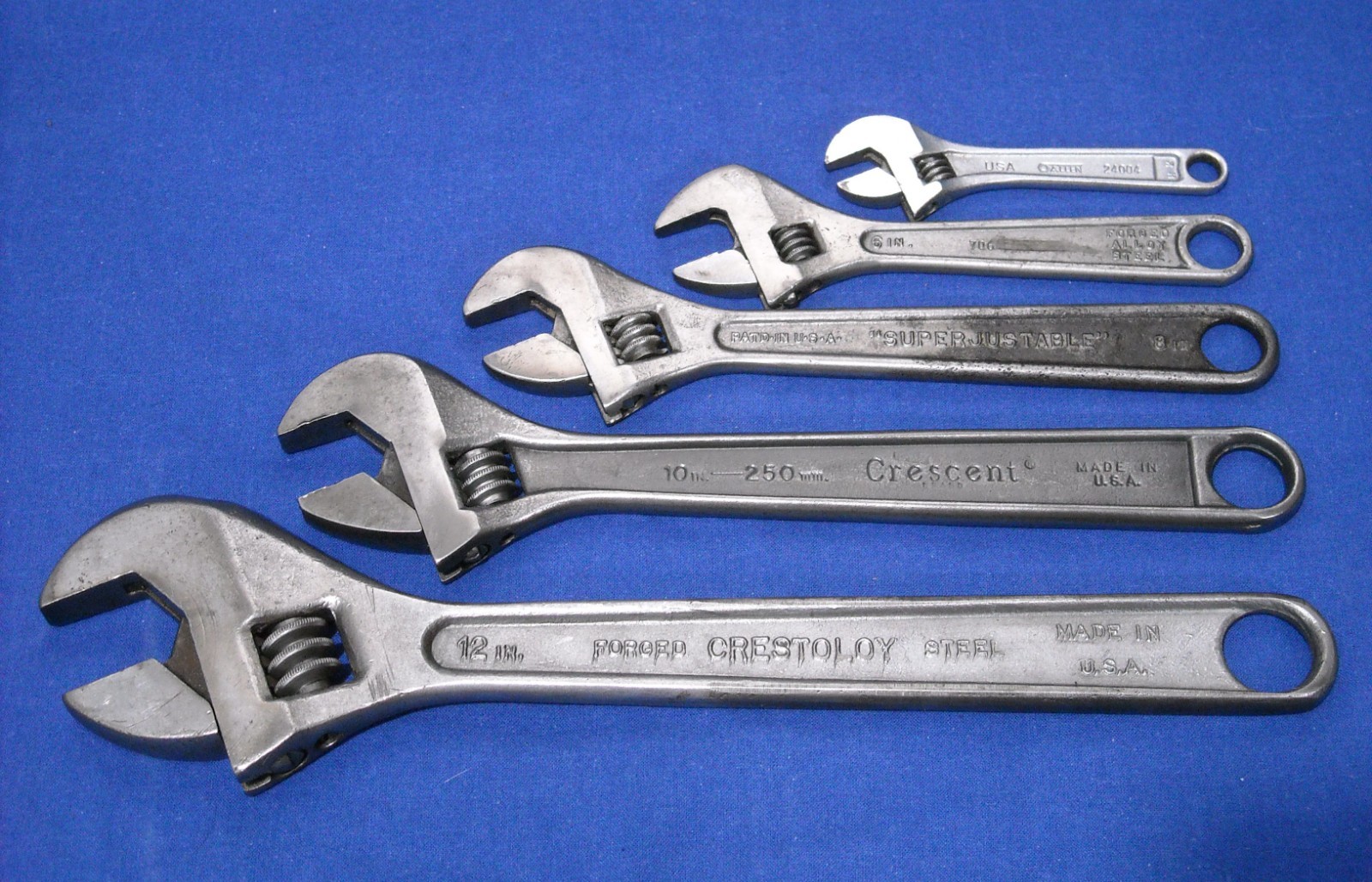Vintage Crescent J.H. Williams Allen Adjustable Wrench Set 4, 6, 8, 10 & 12 inch