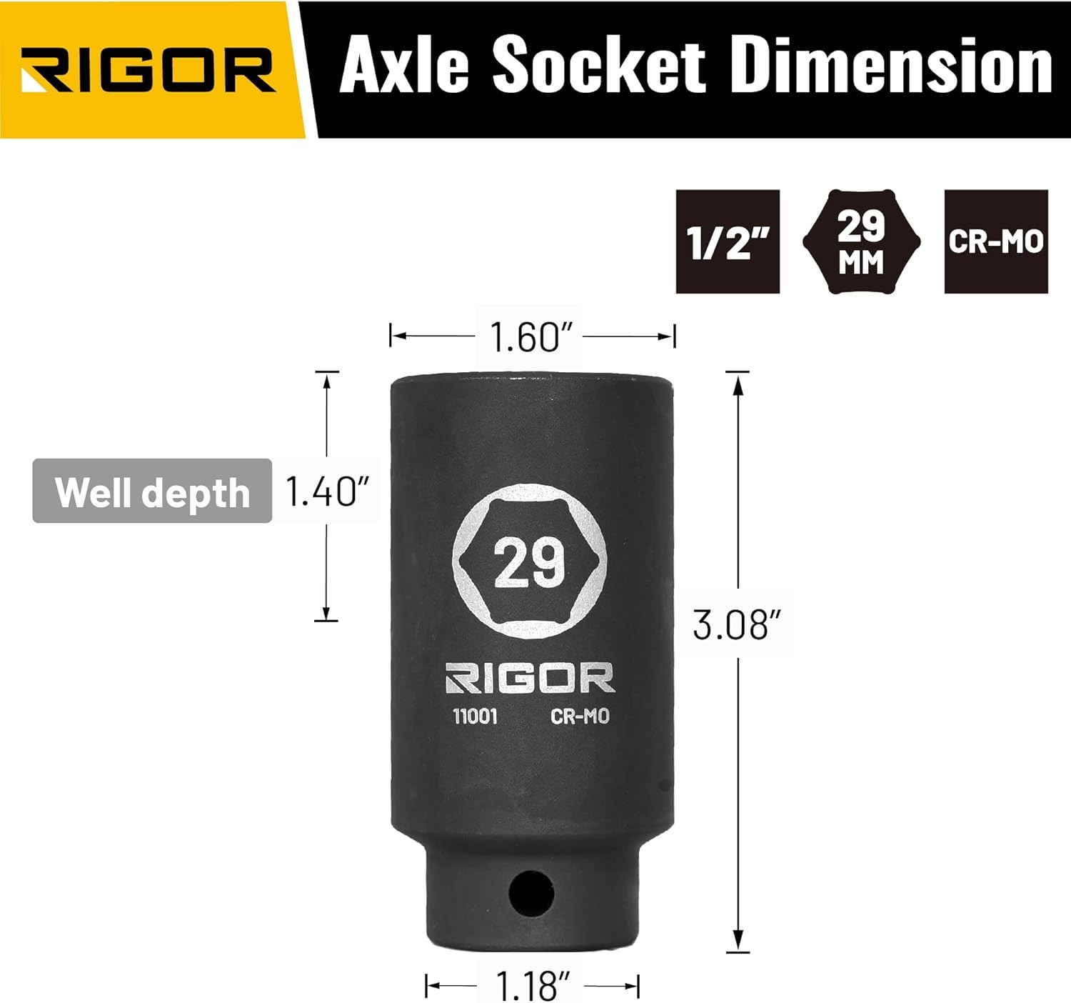 RIGOR 11001 29mm Axle Nut Impact Socket | 1/2-Inch Drive, 6 Point, Deep, CR-MO,