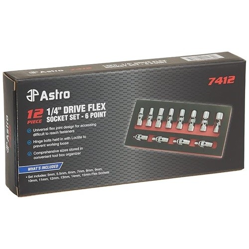 Astro Pneumatic 7412 12-Piece 1/4″ Drive 6-Point Metric Flex Socket Set