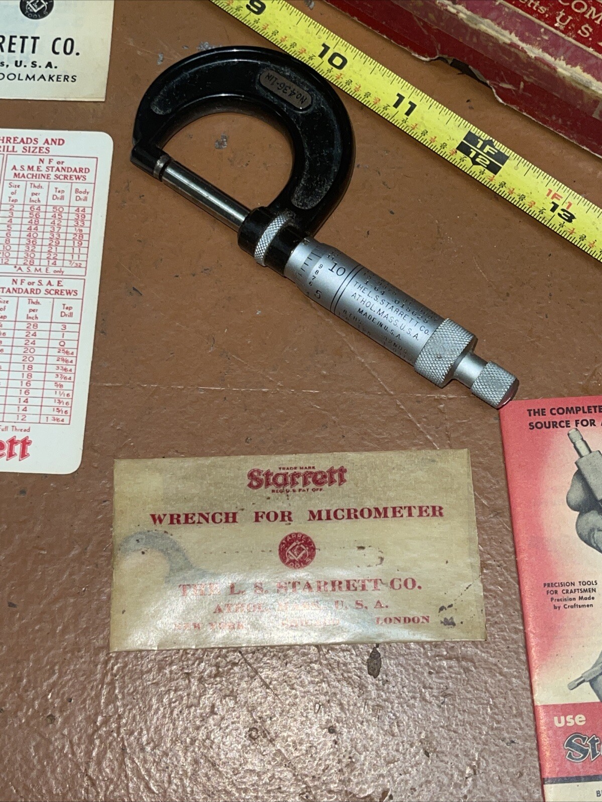 Vintage LS Starrett No 436 F 4361 1 In Micrometer CALIPER Box And Papers Wrench