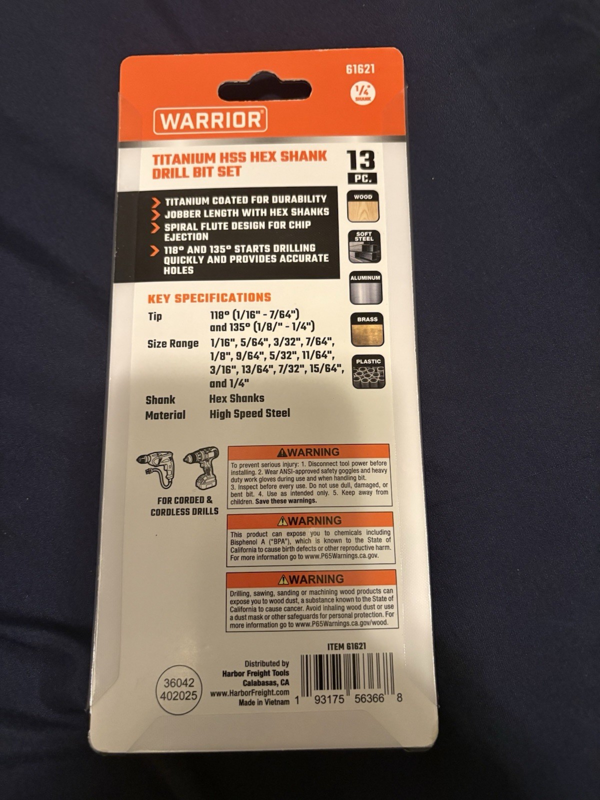WARRIOR Titanium Hex Shank Drill Bit Set 13-Piece 1/4″ Shank #61621