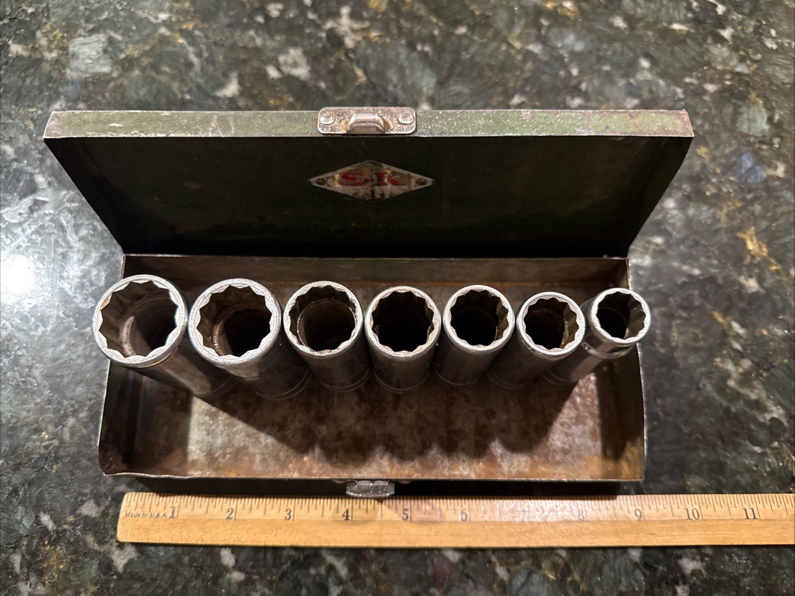 Vintage 7 Piece SK 1/2” Drive 12 Point Deep SAE Socket Set USA With Metal Case