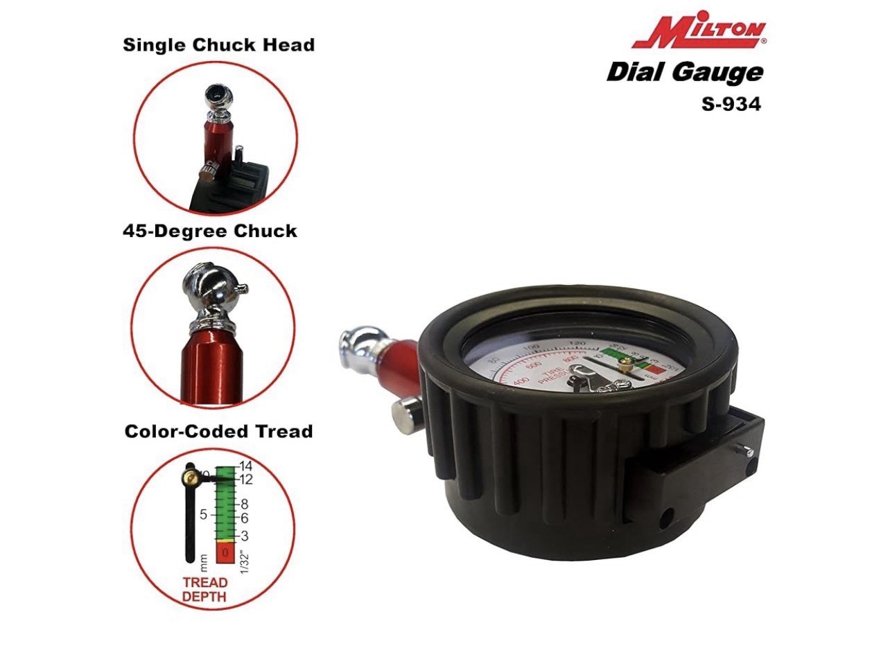 Milton S-934 Dial Tire Gauge, 0-120 PSI – 2 lb increments