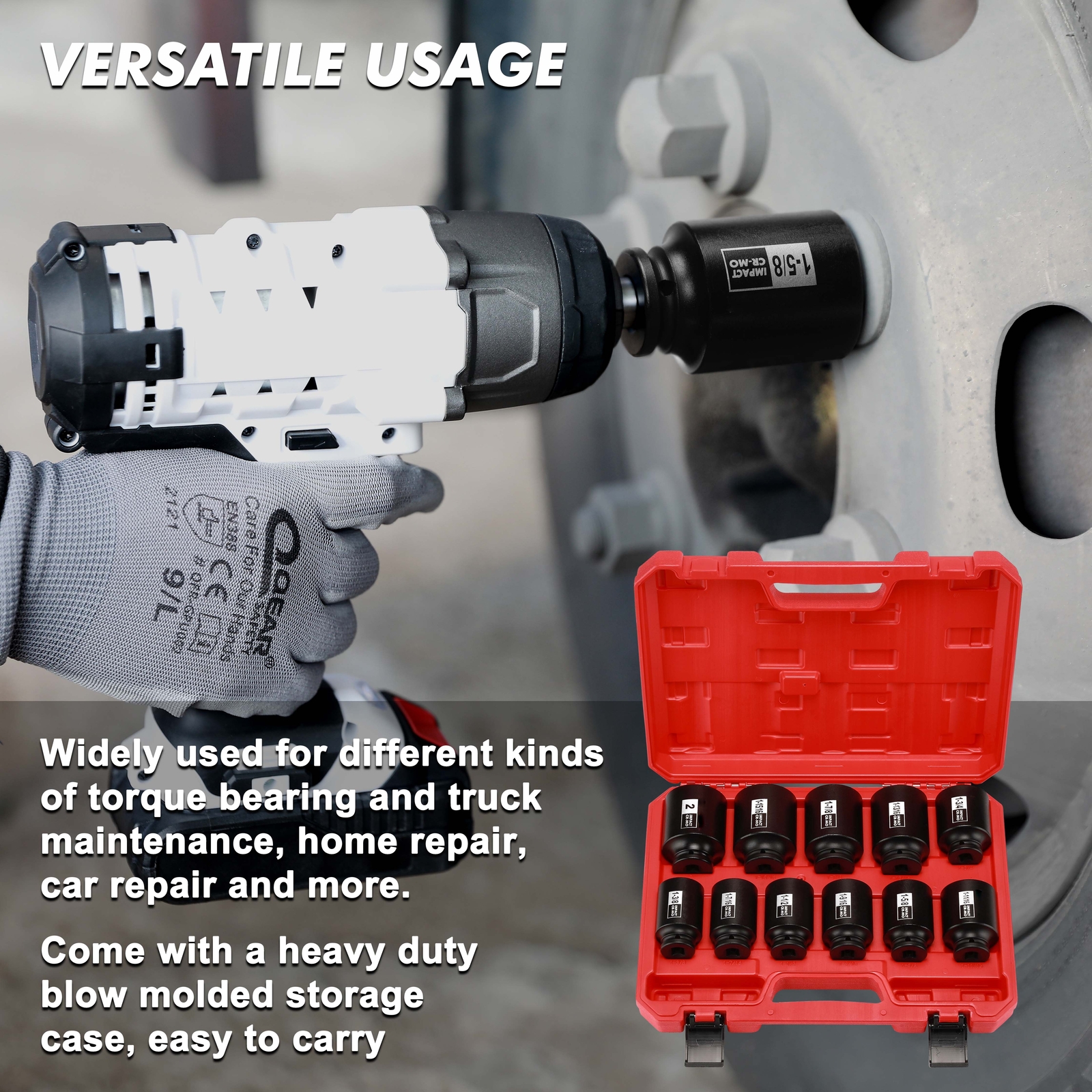 Impact Socket Set 1/2 inch 11PCS 6 Point 1-3/8-Inch to 2Inch SAE CR-MO