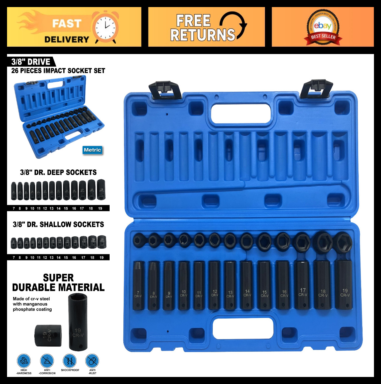 26pcs 3/8″ Impact Socket Set, Deep & Standard, Metric 7mm-19mm, 6-Point, Cr-V St