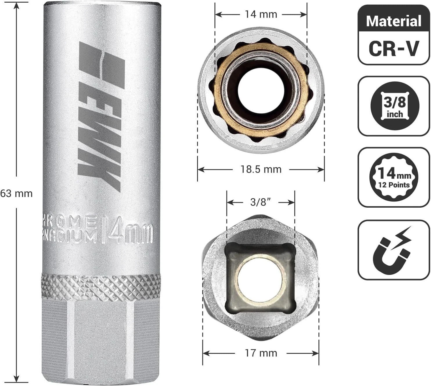 14mm 12 Point Thin Wall Magnetic Spark Plug Socket for BMW, Mini Cooper,…