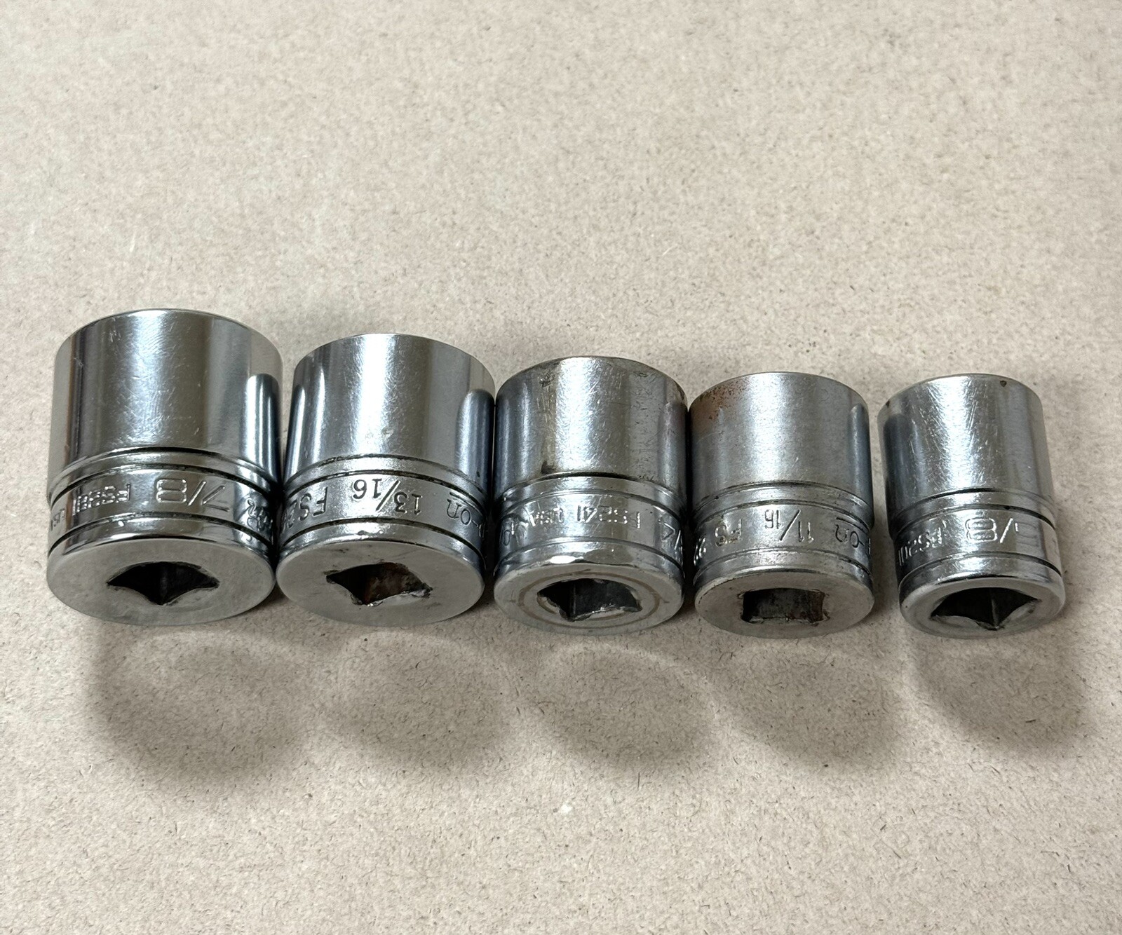 Snap On Tools 5pc 3/8” Drive SAE 6pt Sockets FS281,FS261,FS241,FS221,FS201
