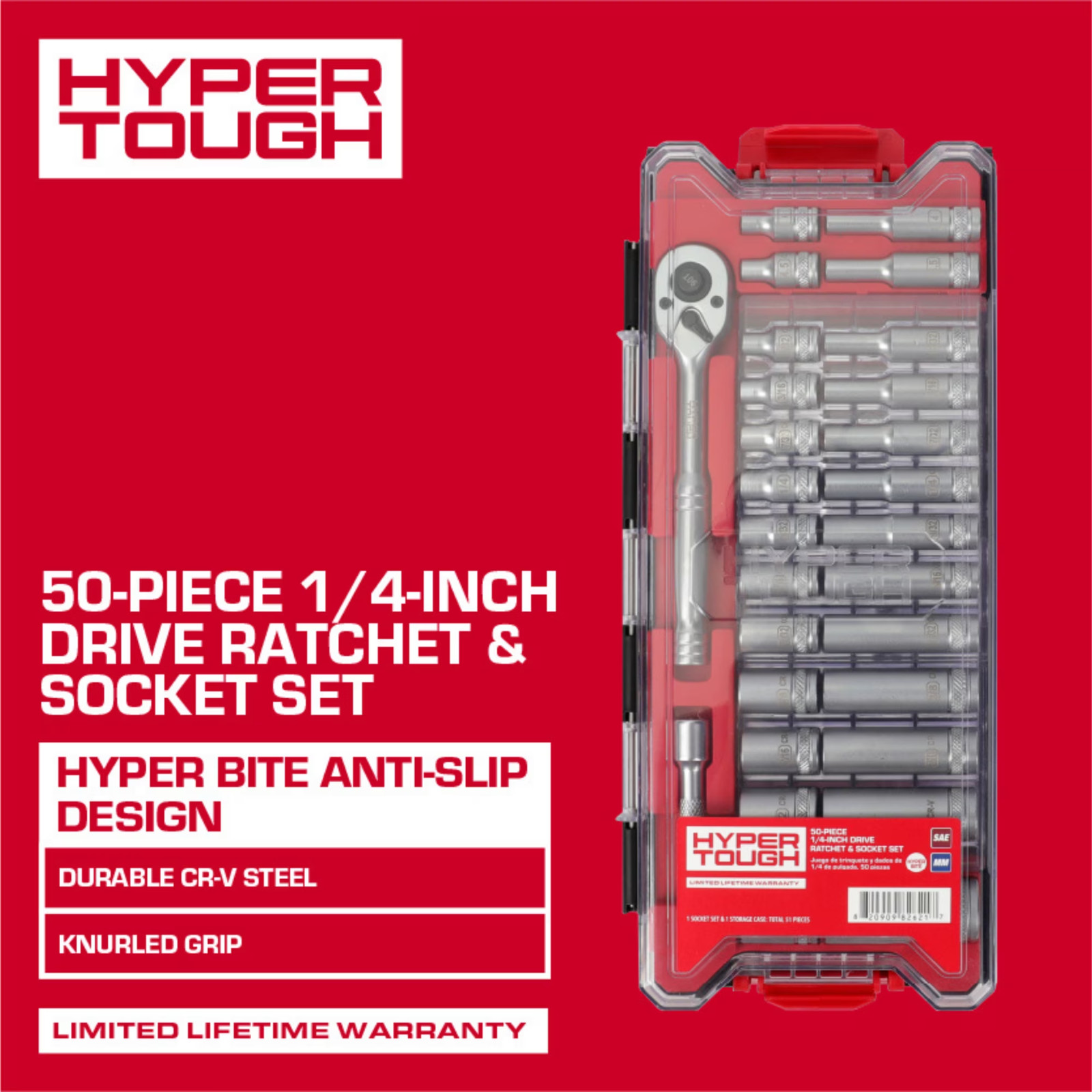 Hyper Tough 1/4-Inch Drive Ratchet and Socket Set, SAE and Metric, 50 Pieces