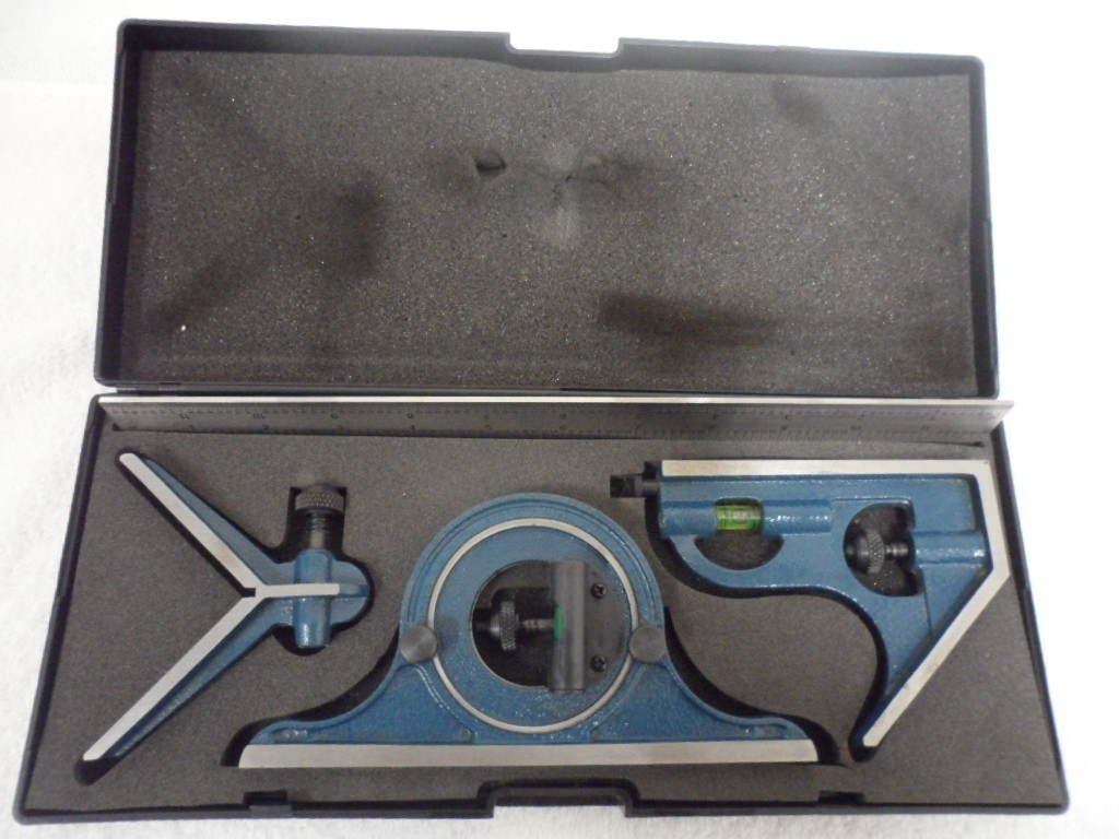 4 Piece Square Set Machinist Combination 12″ Rule Square, Center Protractor,Case