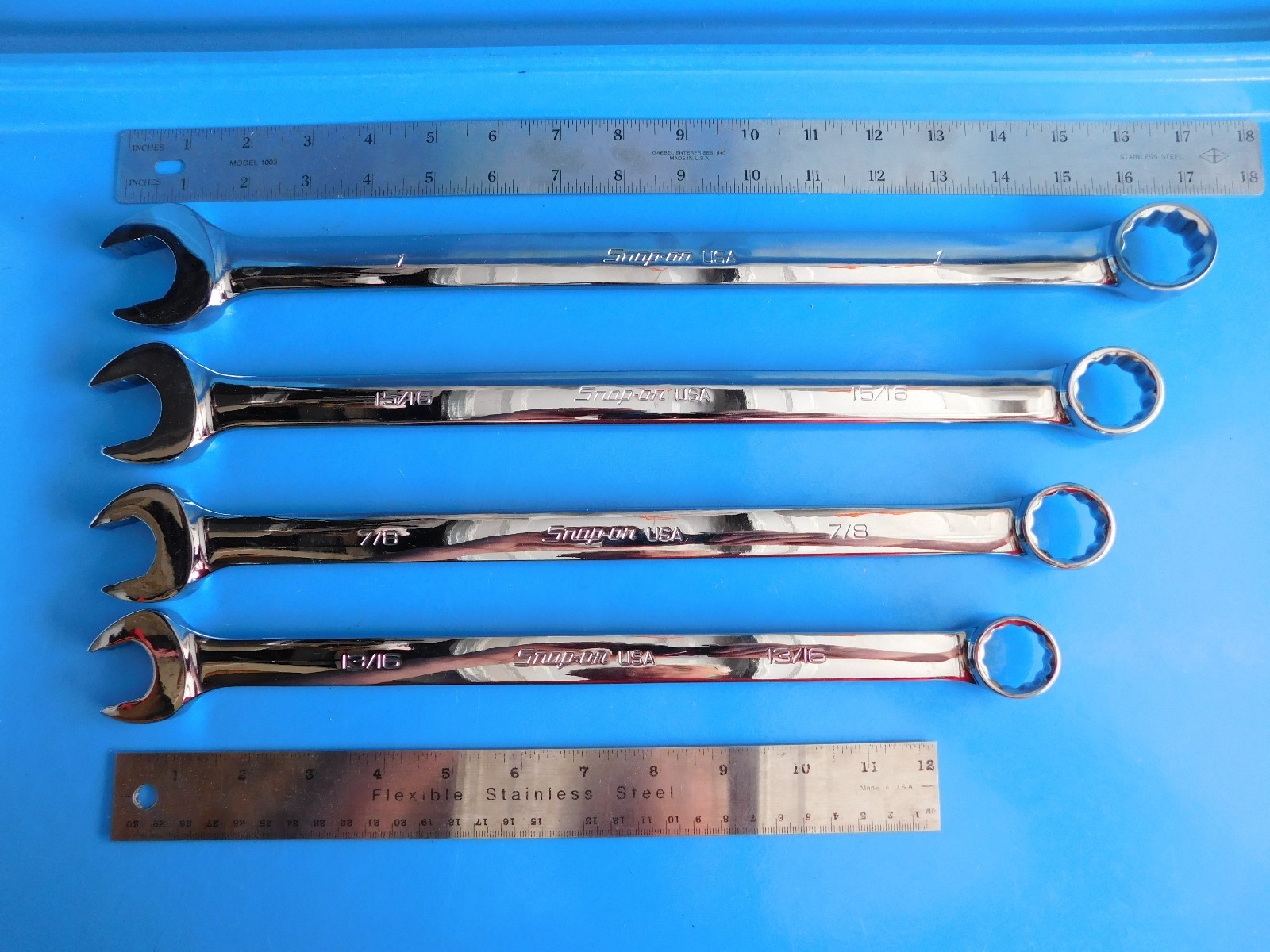 NEW,SNAP ON 13/16, 7/8, 15/16,&1 IN.EXTRA LONG FLANK DRIVE PLUS WRENCHS,LOT OF 4