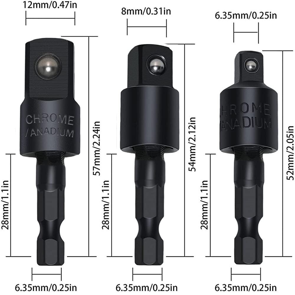 3PCS Wobble Socket Adapter Set 1/4 Hex Shank 1/4 3/8 1/2 Drive Ratchet Extension