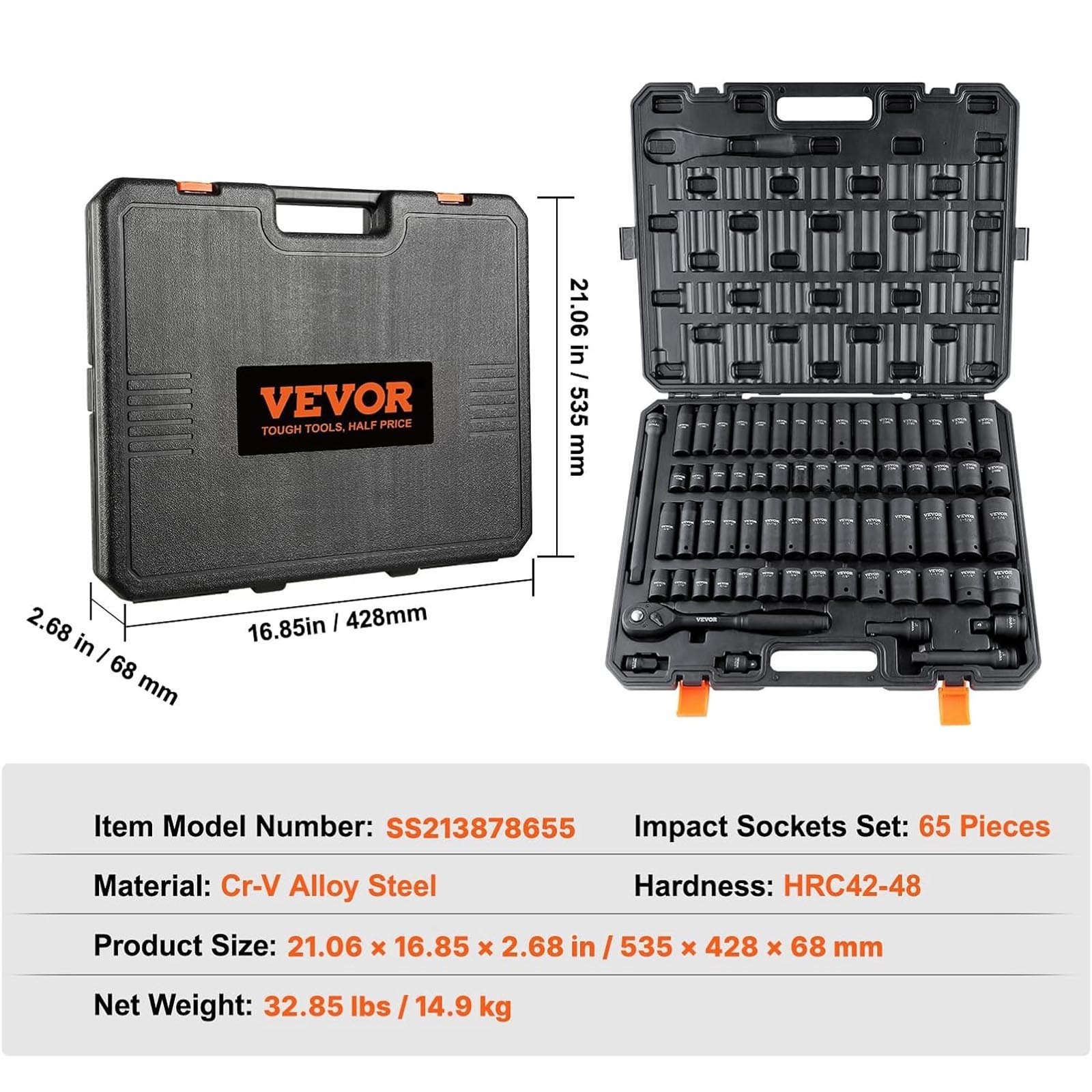 VEVOR 1/2 Drive Socket Set 65Pc SAE 3/8-1-1/4 Metric 10-24mm Cr-V Case