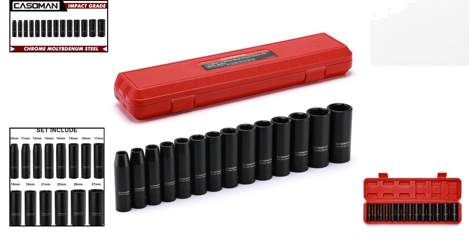 Comprehensive 14-Piece Chrome Molybdenum Deep Impact Socket Set in Storage Case