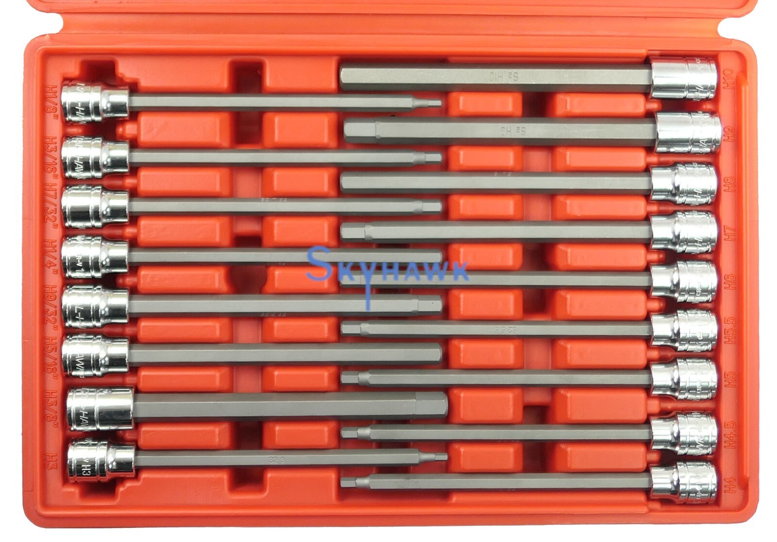 17pc 3/8″ DR CR-V/S-2 Material LONG Extension SAE+Metric HEX KEY BIT SOCKET SET