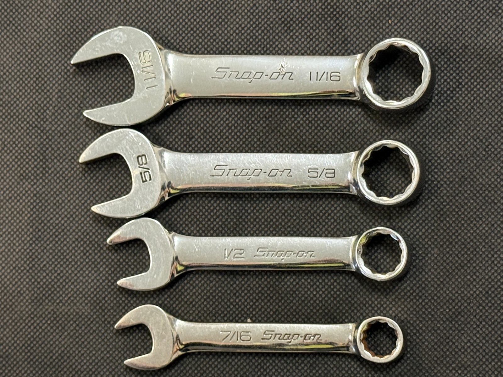 4 Snap-on SAE 12pt Stubby Combination Wrench Set 11/16″ 5/8″ 1/2″ 7/16″ USA