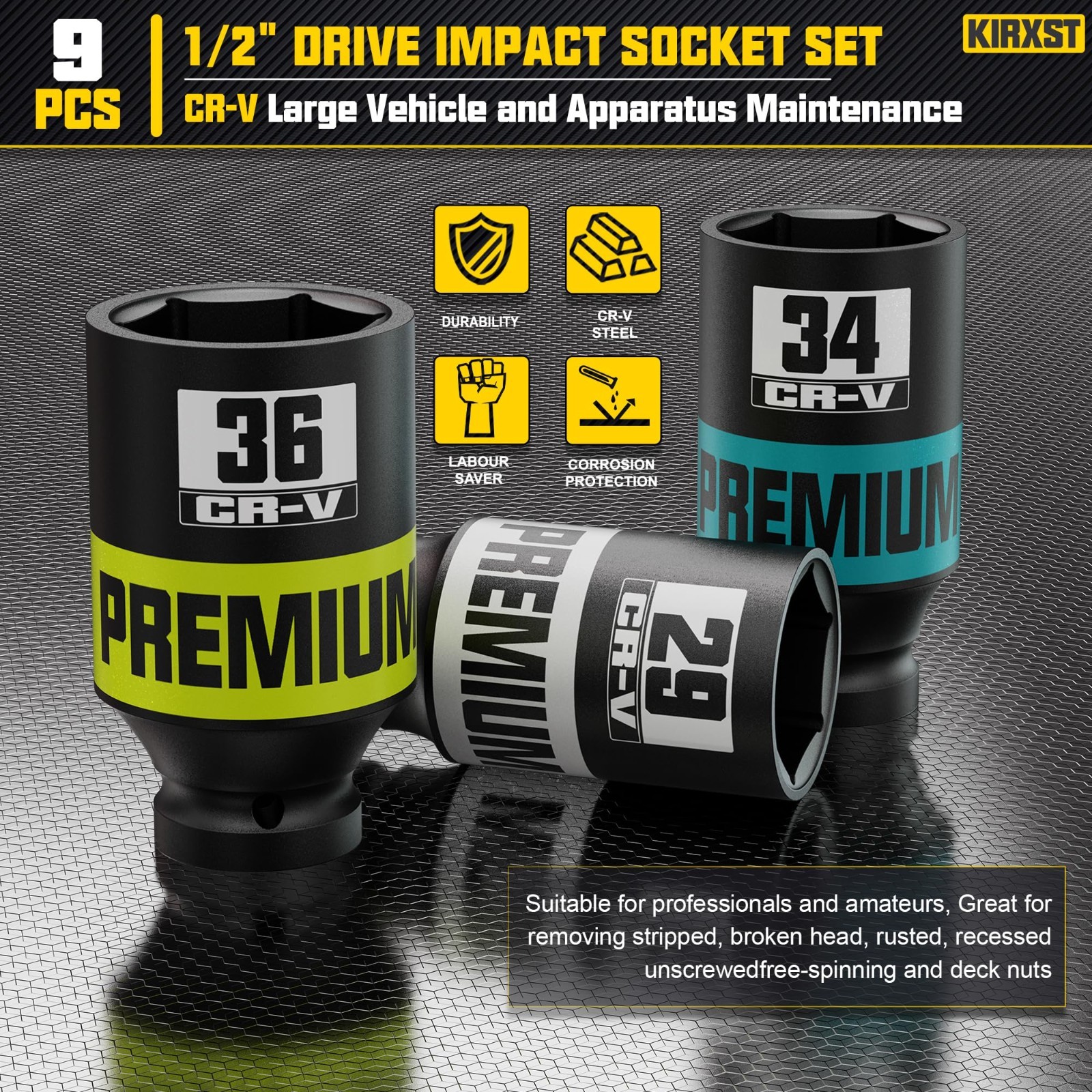 9-Piece 1/2″ Drive Impact Socket Set – Metric Axle Nut & Jumbo Sockets, 6 Point,