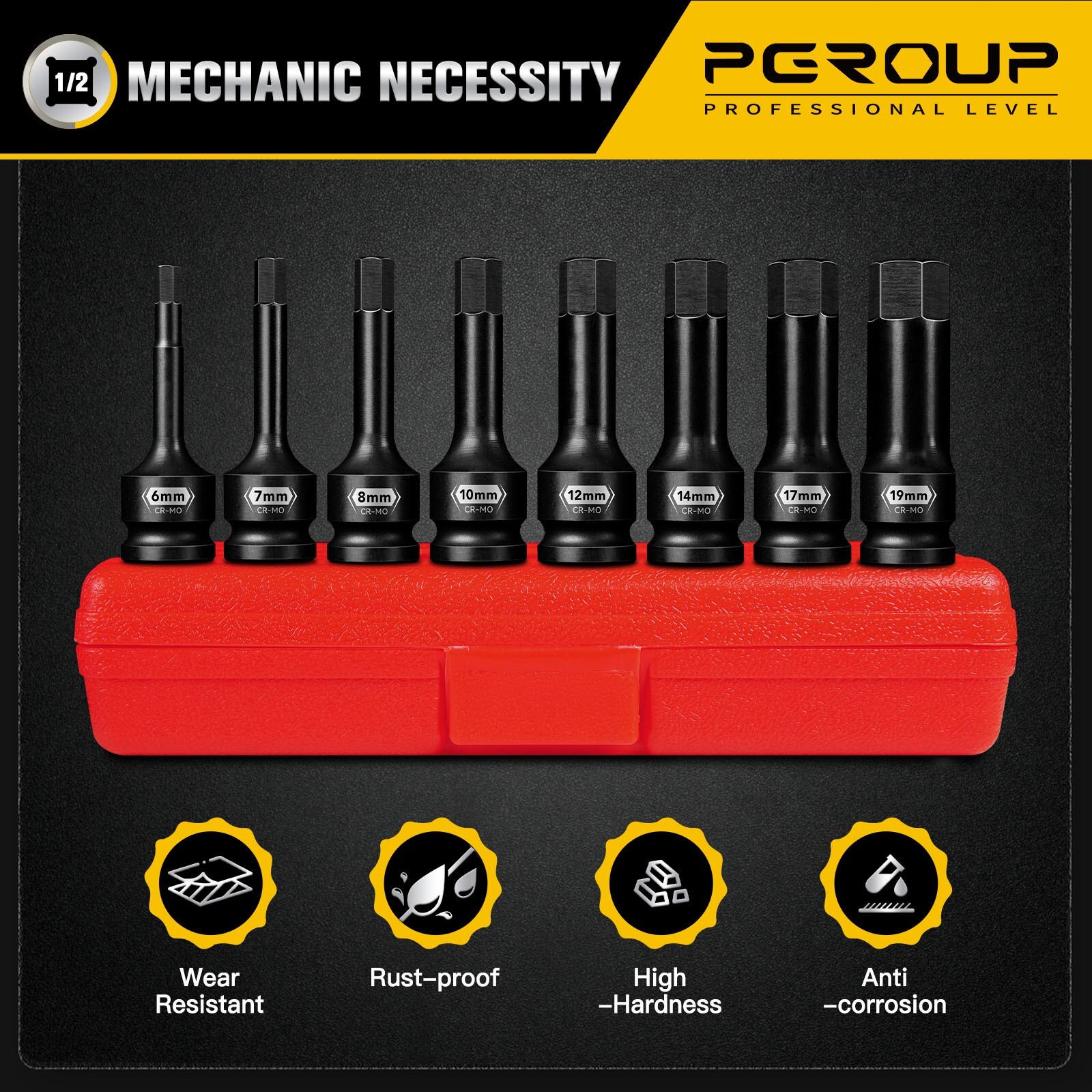 8 PCS 1/2 Inch Drive Allen Impact Socket Set, Metric Hex Socket 6 mm to 19 mm,