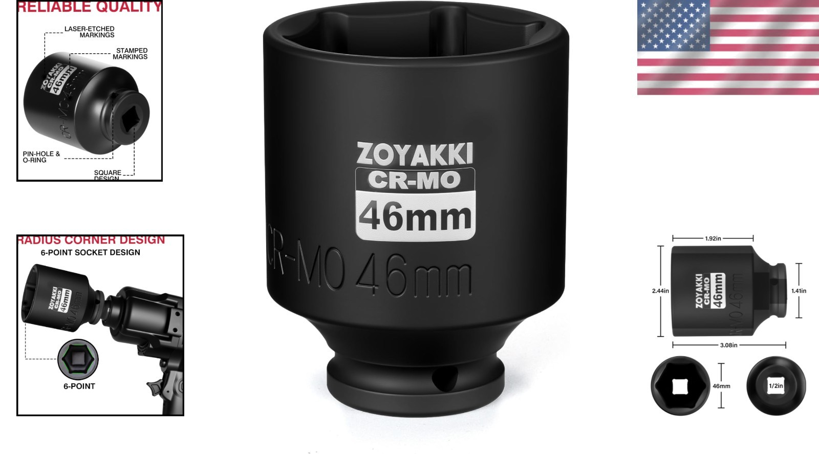 High-Precision 46mm 1/2 Inch Drive Impact Socket with Laser-Etched Markings