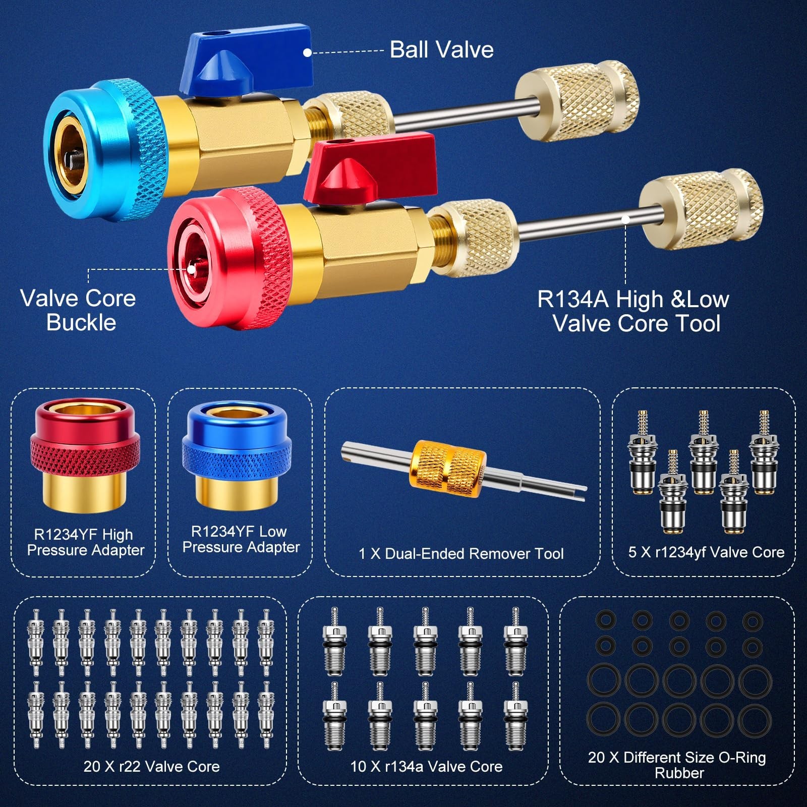 60pcs Schrader Valve Core Removal Tool Kit for R134A R1234YF R22 – High Low Pres