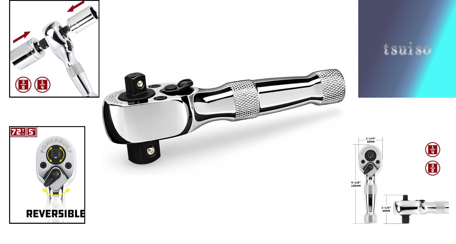 Compact Stubby Ratchet with 1/4 & 3/8 Drive – Reversible 72 Tooth Design