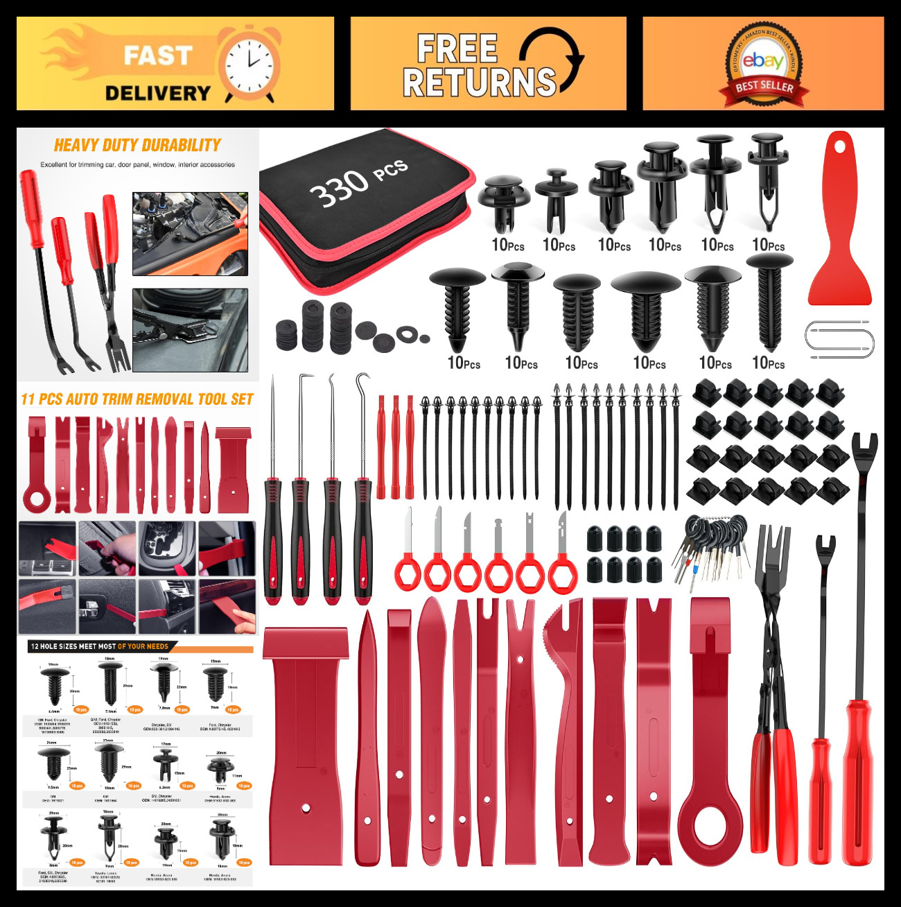 330Pcs Trim Removal Tool Set – Auto Push Pin Bumper Clips, Pry Kit & Fasteners