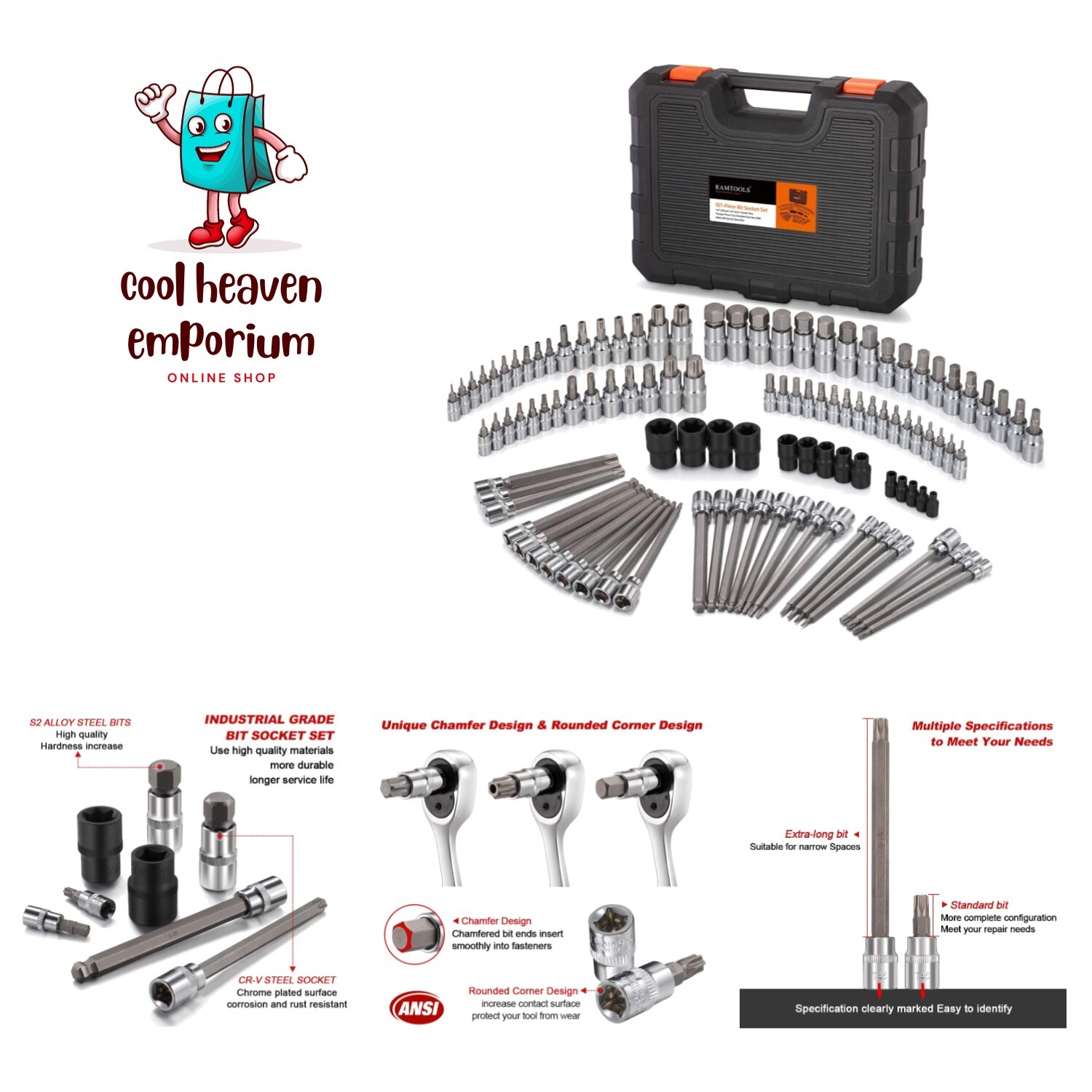 107-Piece Allen and Torx Bit Socket Set, 1/4″, 3/8″ and 1/2″ Drive Hex/Ball E…