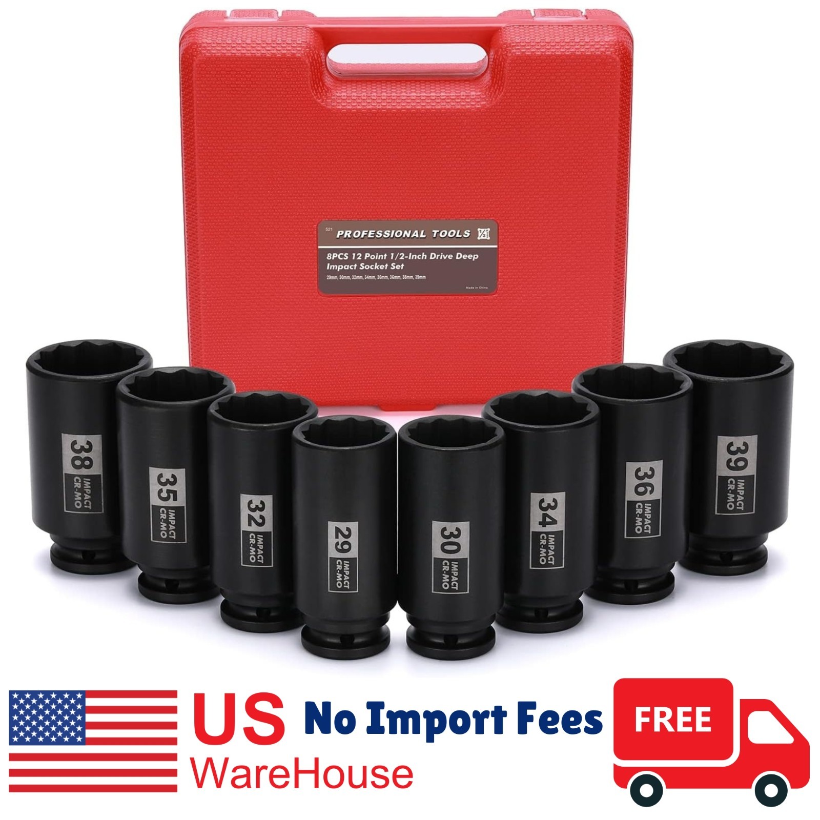 Deep Axle Nut Impact Socket Set,12Point Design Metric, 29,30,32,34,35,36,38,39mm