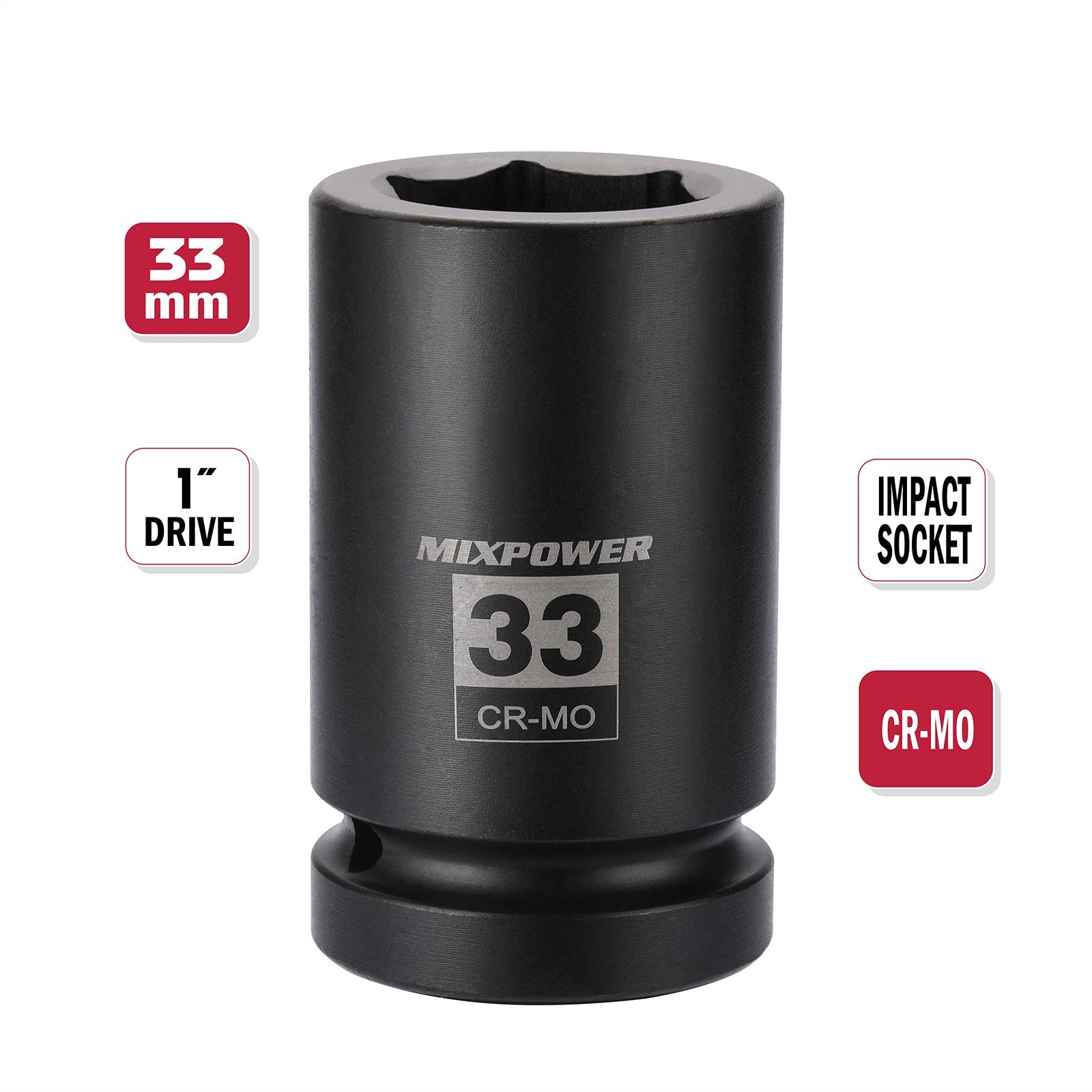 MIXPOWER 1 Inch Drive Deep Impact Socket, CR-MO, 33mm, 6 33mm (1 Piece)