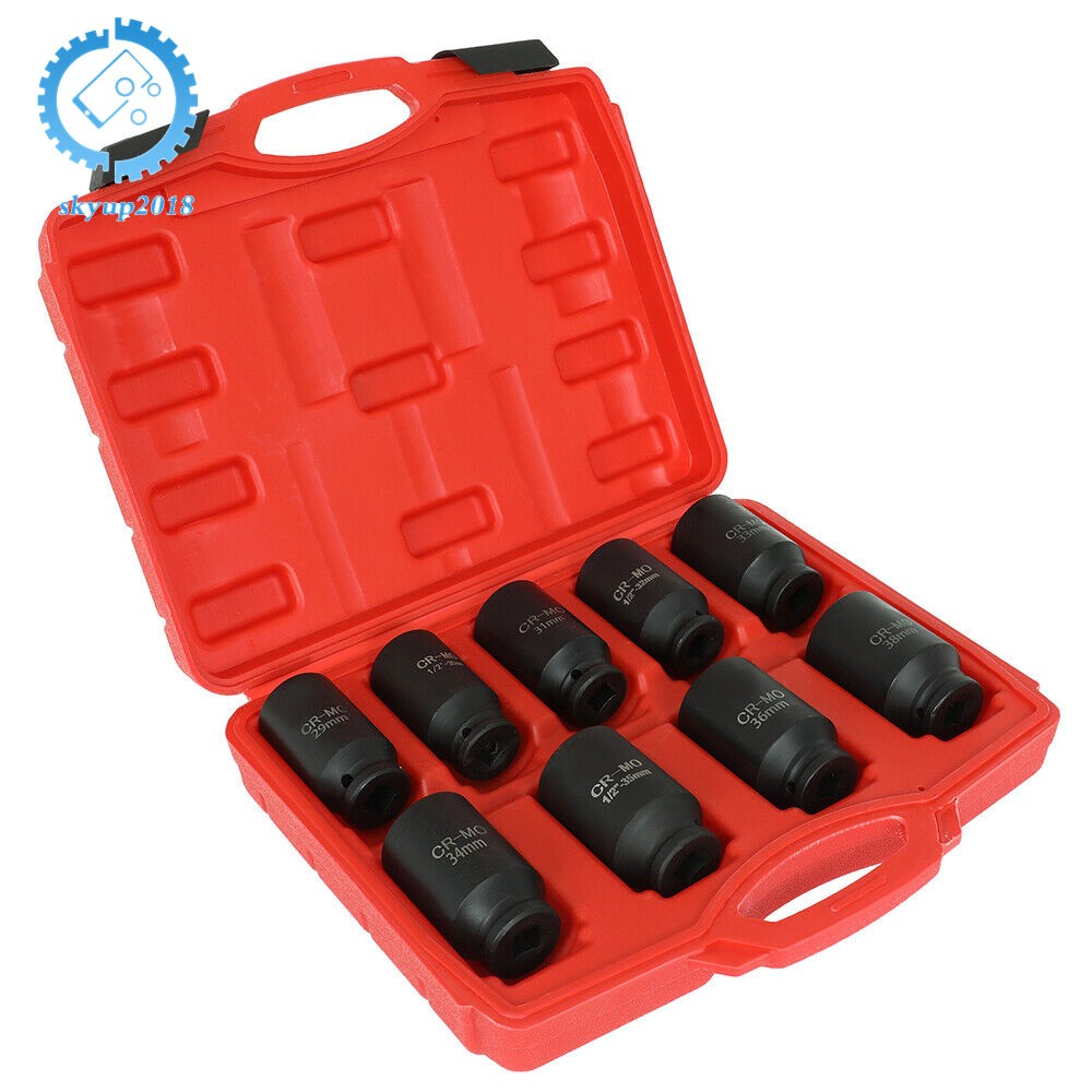 9Pcs 29mm-38mm Drive Metric Axle Hub Nut Socket Deep Impact Socket Tool Kit