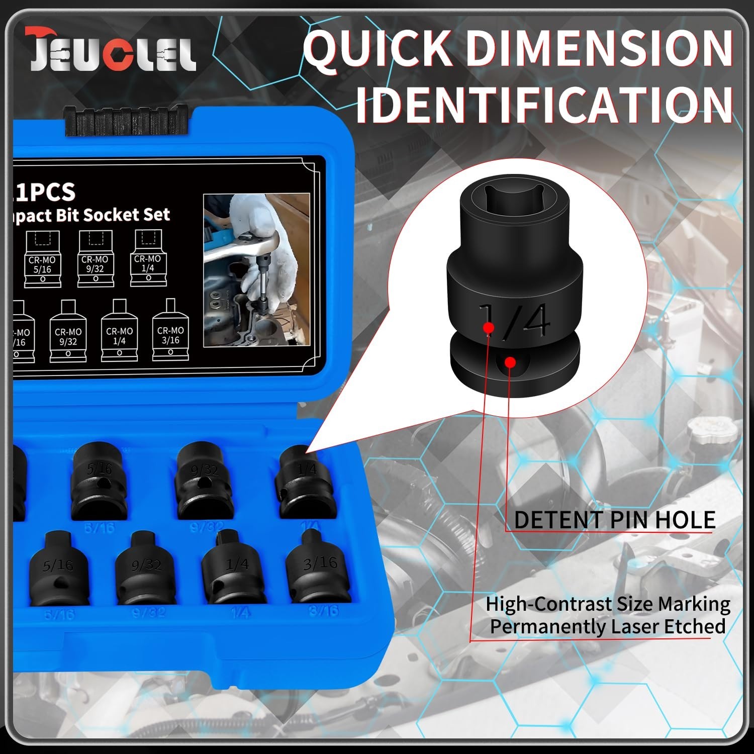 11PCS 3/8″ Drive Impact Socket Set, SAE Pipe Plug, Tapered & Chamfered Bits, CR-