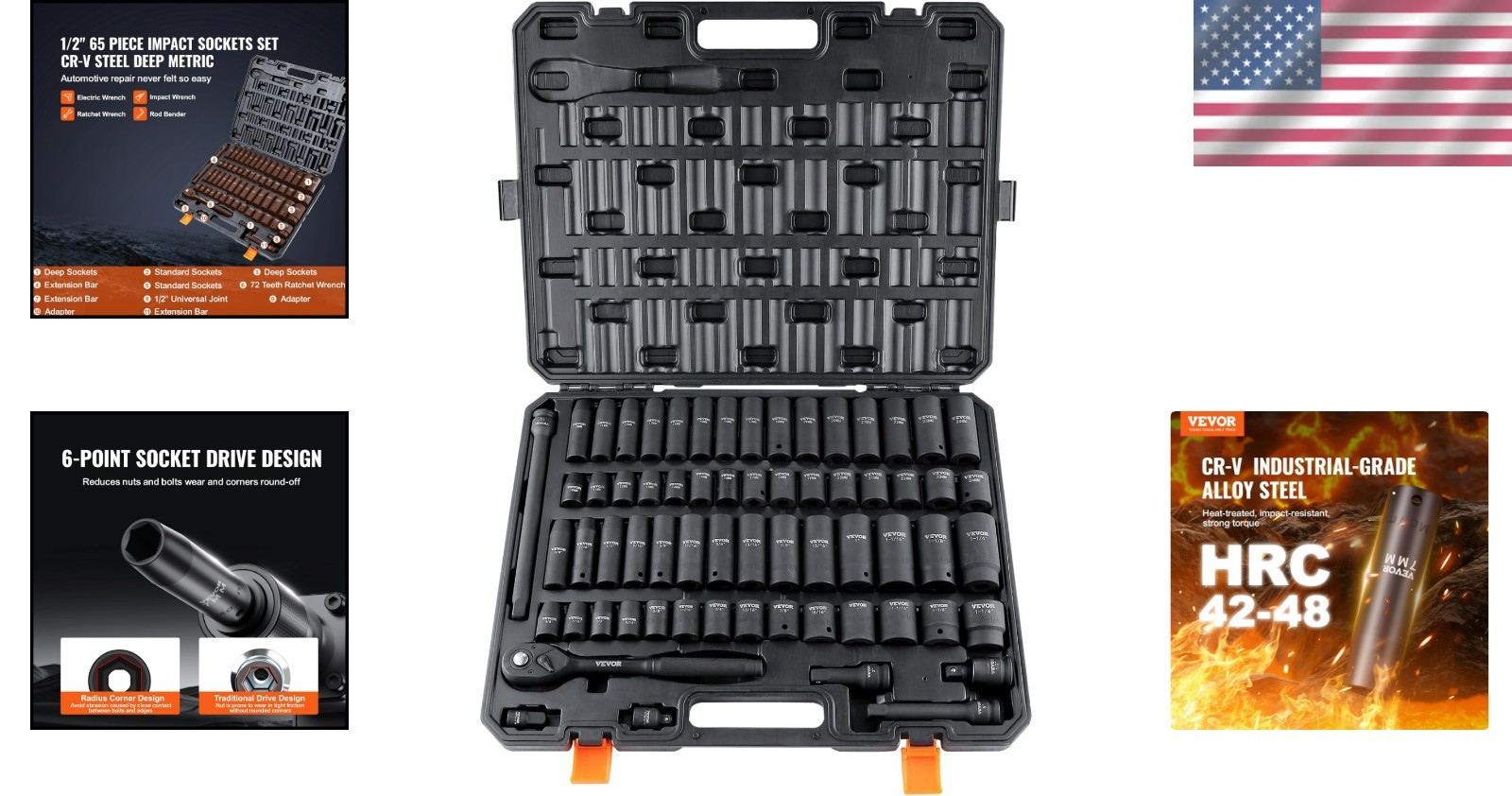 Comprehensive 1/2″ Drive Impact Socket Set with Toolbox – 65-Piece Collection