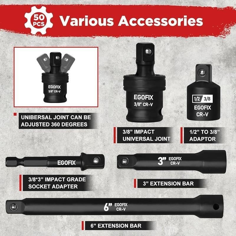 3/8″ Drive Impact Socket Set 50PCS SAE/Metric 6 Point Adjustable Ratchet Handle