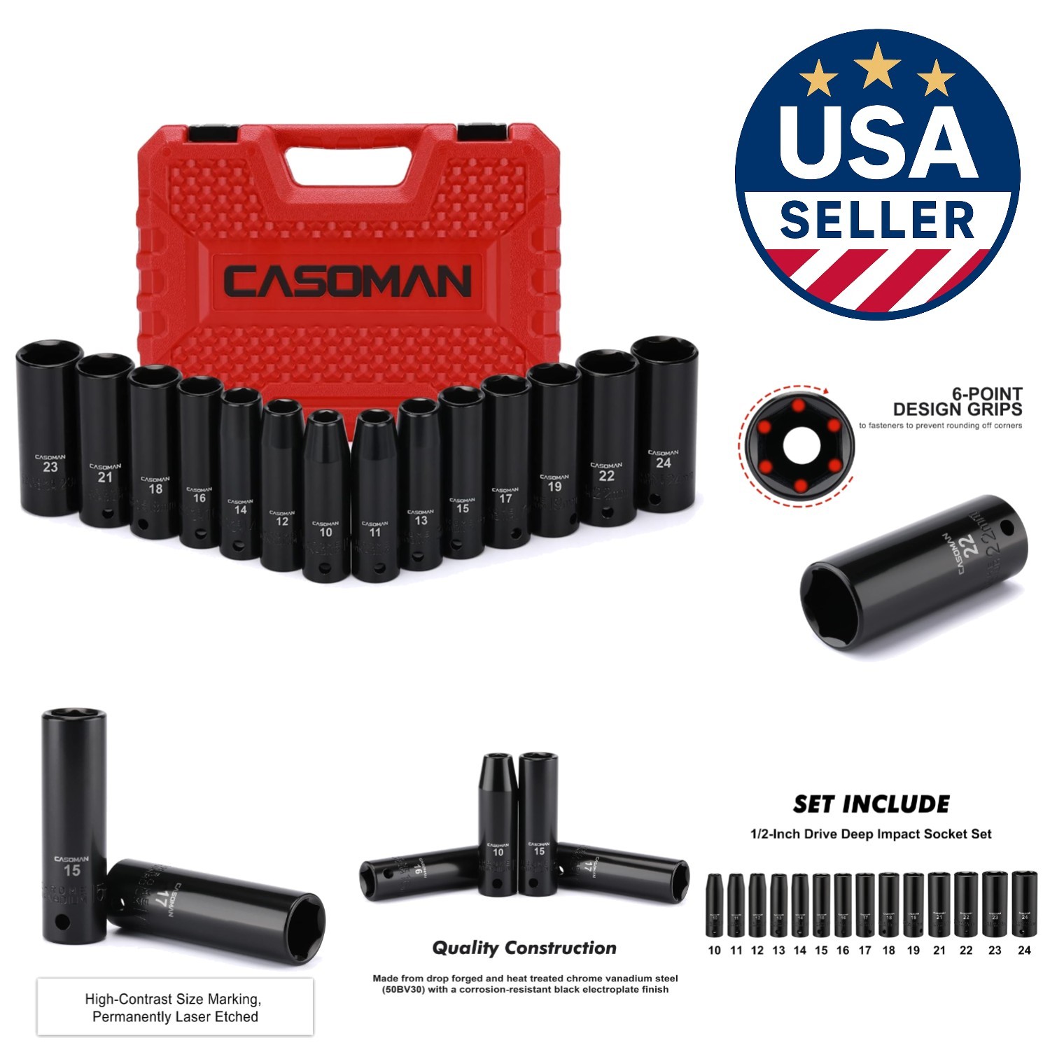 Extra-Deep 14-Piece Metric Socket Set with Laser Etched Markings – 1/2-Inch