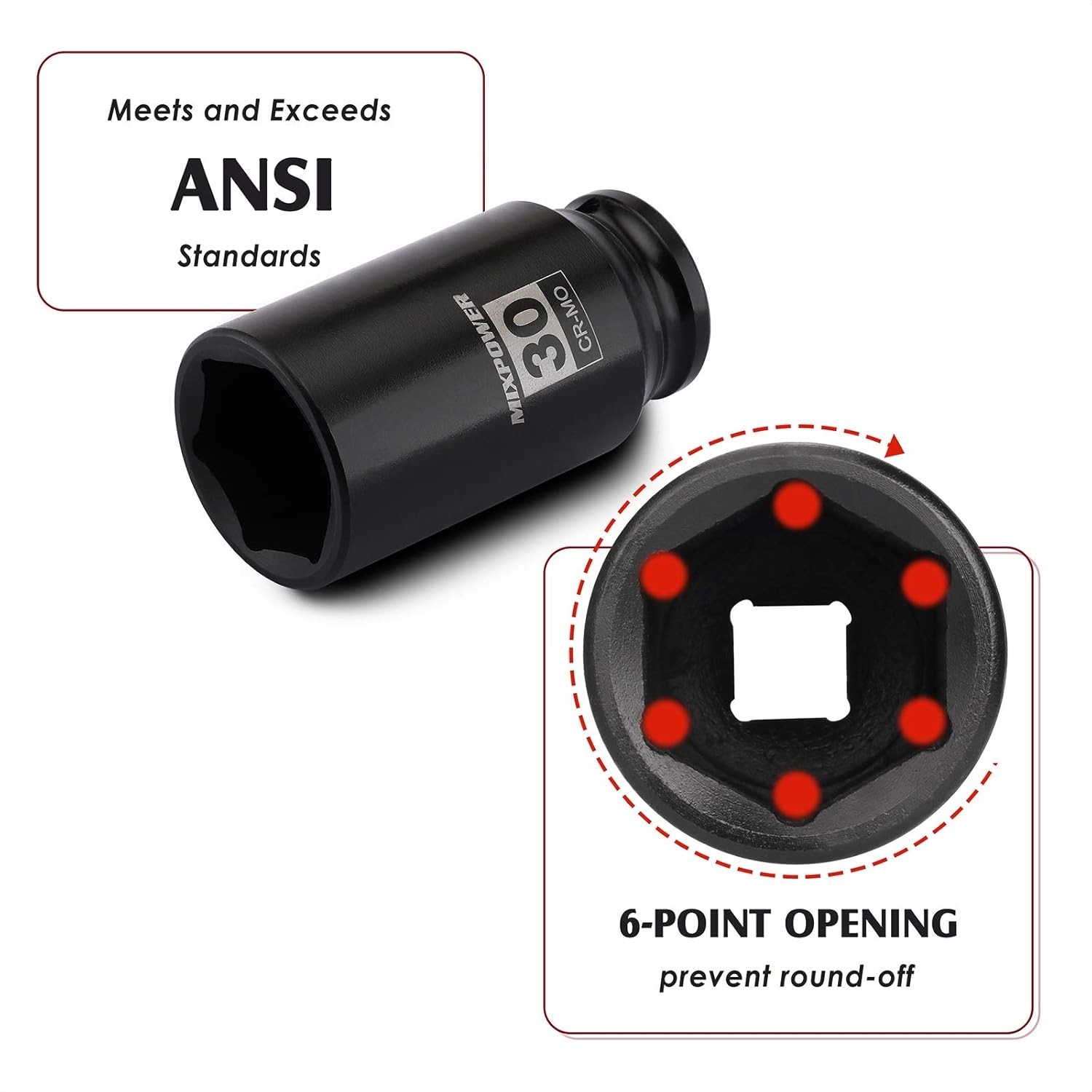 1/2″ Drive Deep Impact Socket, CR-MO, 30mm, METRIC, 6 Point, Axle Nut Impact ..