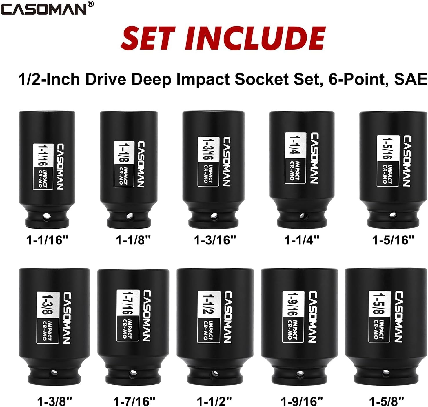 10PCS 1/2″ Drive Deep Spindle Axle Nut Impact Socket Set,6-Point,Large,SAE CR-MO