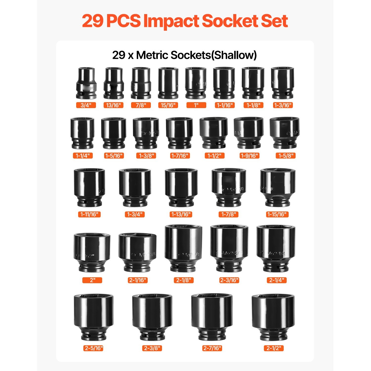 Impact Sockets Set 3/4 Inch Drive 29 PCS 3/4 inch – 2-1/2 inch 6-Point Set