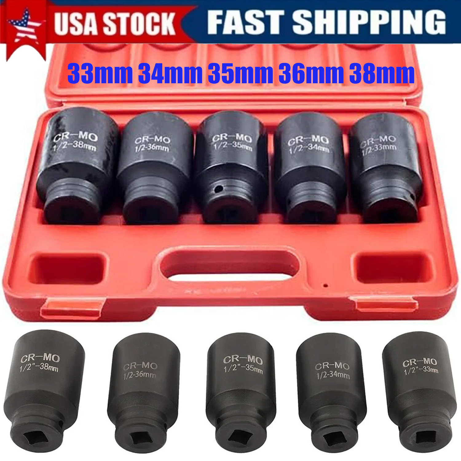 5Pcs 6 Point 33mm 34mm 35mm 36mm 38mm 1/2″ Drive Deep Impact Axle Hub Socket Set