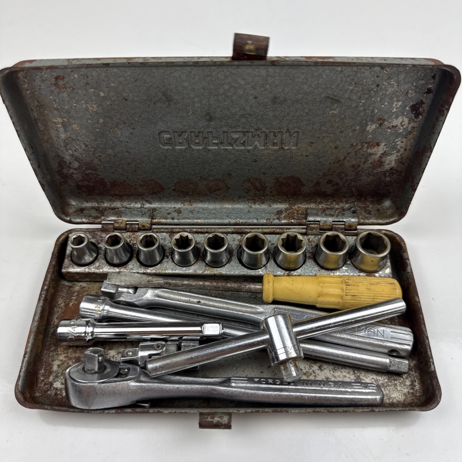 Vintage Craftsman 1/4″ Drive 16pc SAE Socket Set Metal Case =V= & VV Made in USA