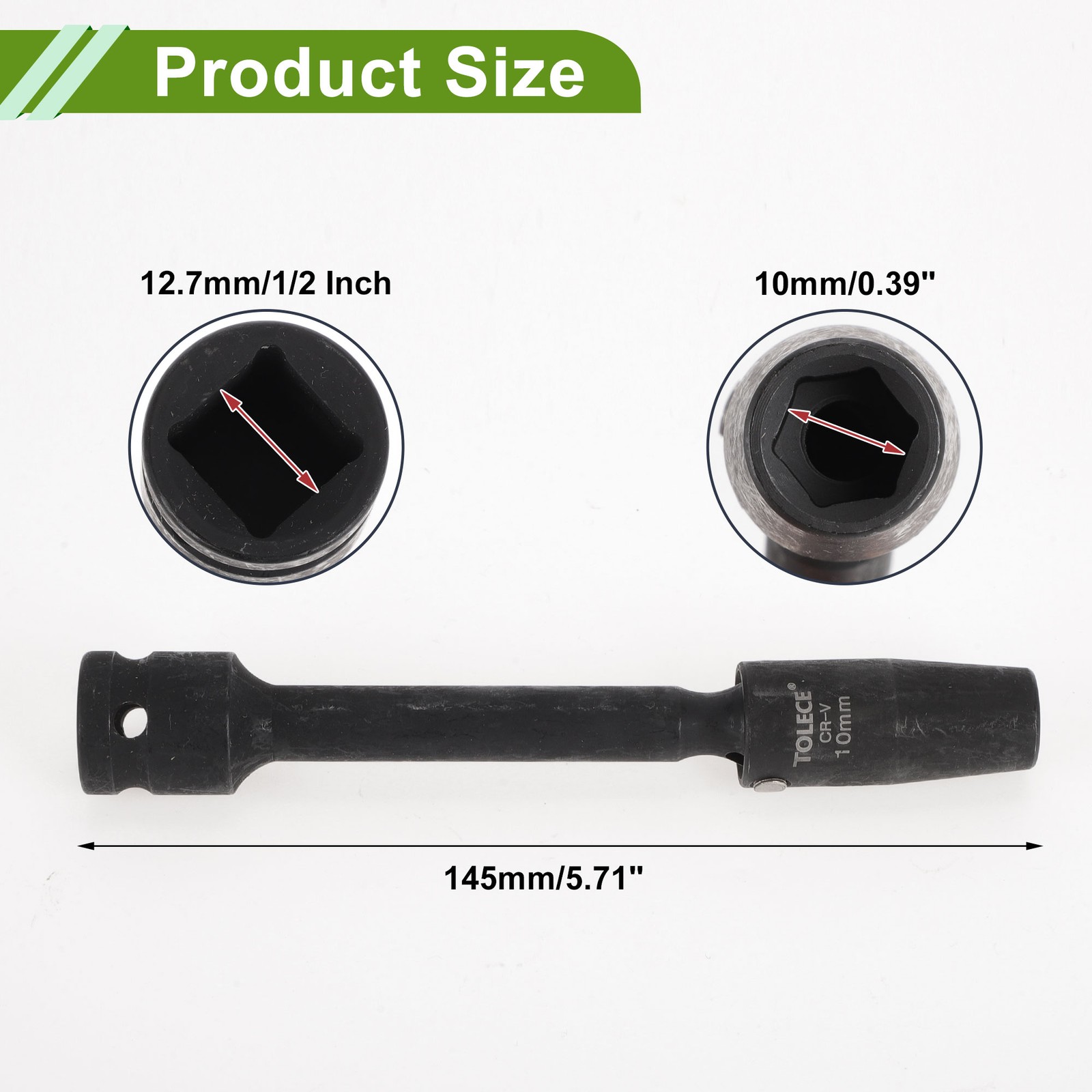 Universal 1/2 Inch Drive Impact Socket 10mm 6 Point 145mm CR-V Black 1 Pcs