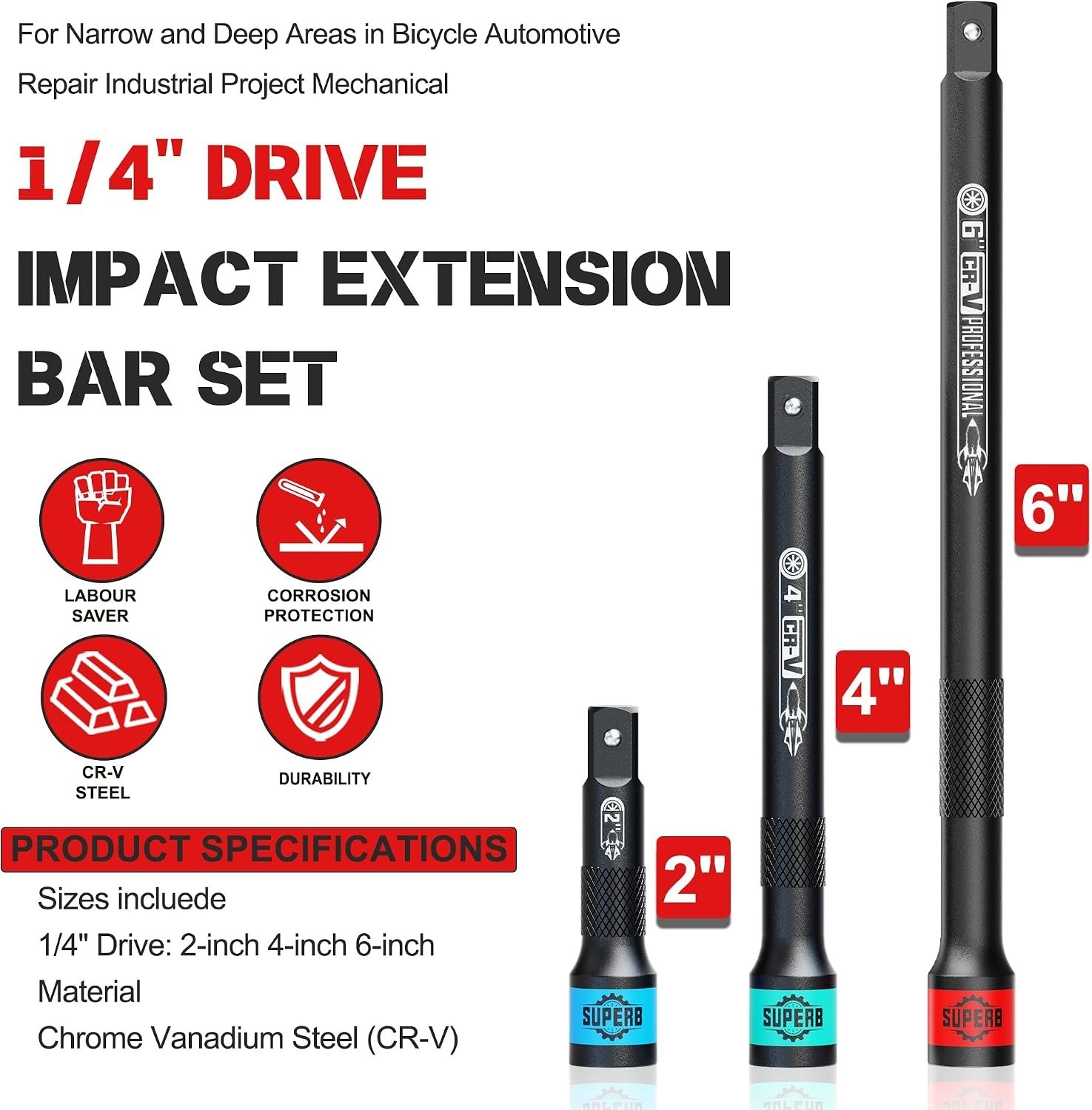 3 Pcs 1/4″ Drive Impact Extension Bar Set, 2″ 4″ 6″ Length Socket Extension, …