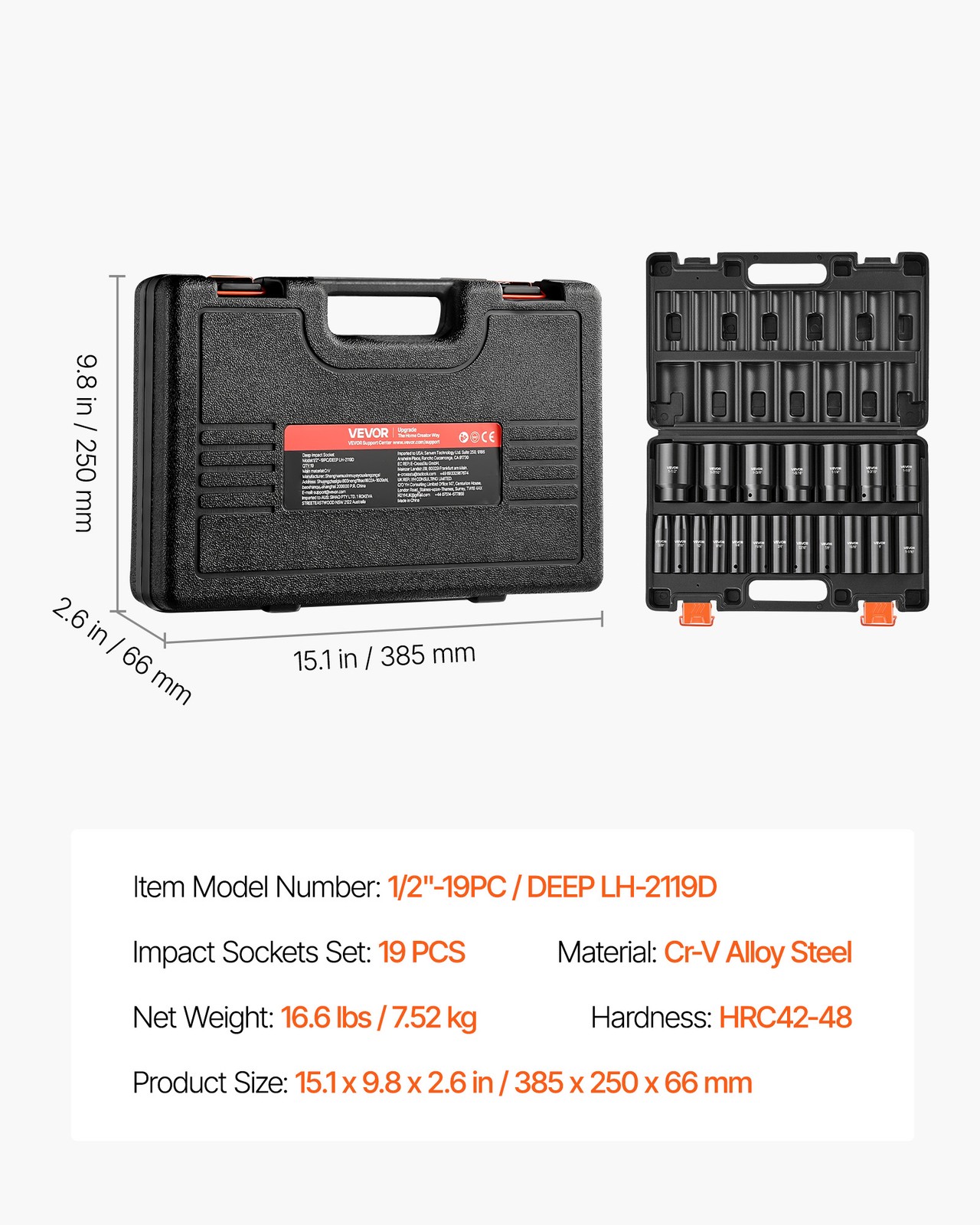 VEVOR Impact Socket Set, 1/2″ 19 Piece Impact Sockets 3/8″ to 1-1/2″ Deep Length