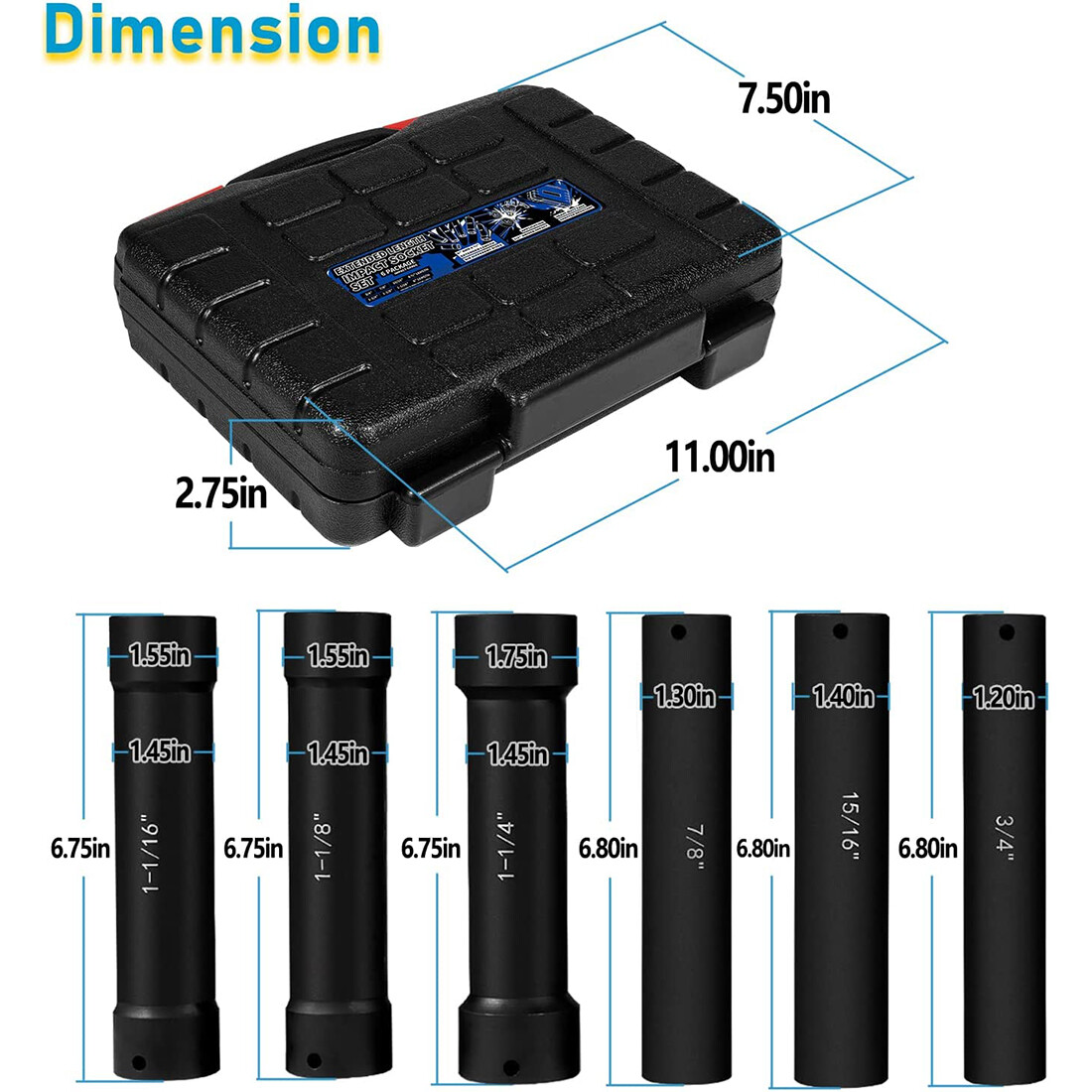 1/2» Drive Heavy Duty Extended Length Extra-Deep Length Impact Socket Set 6PCS