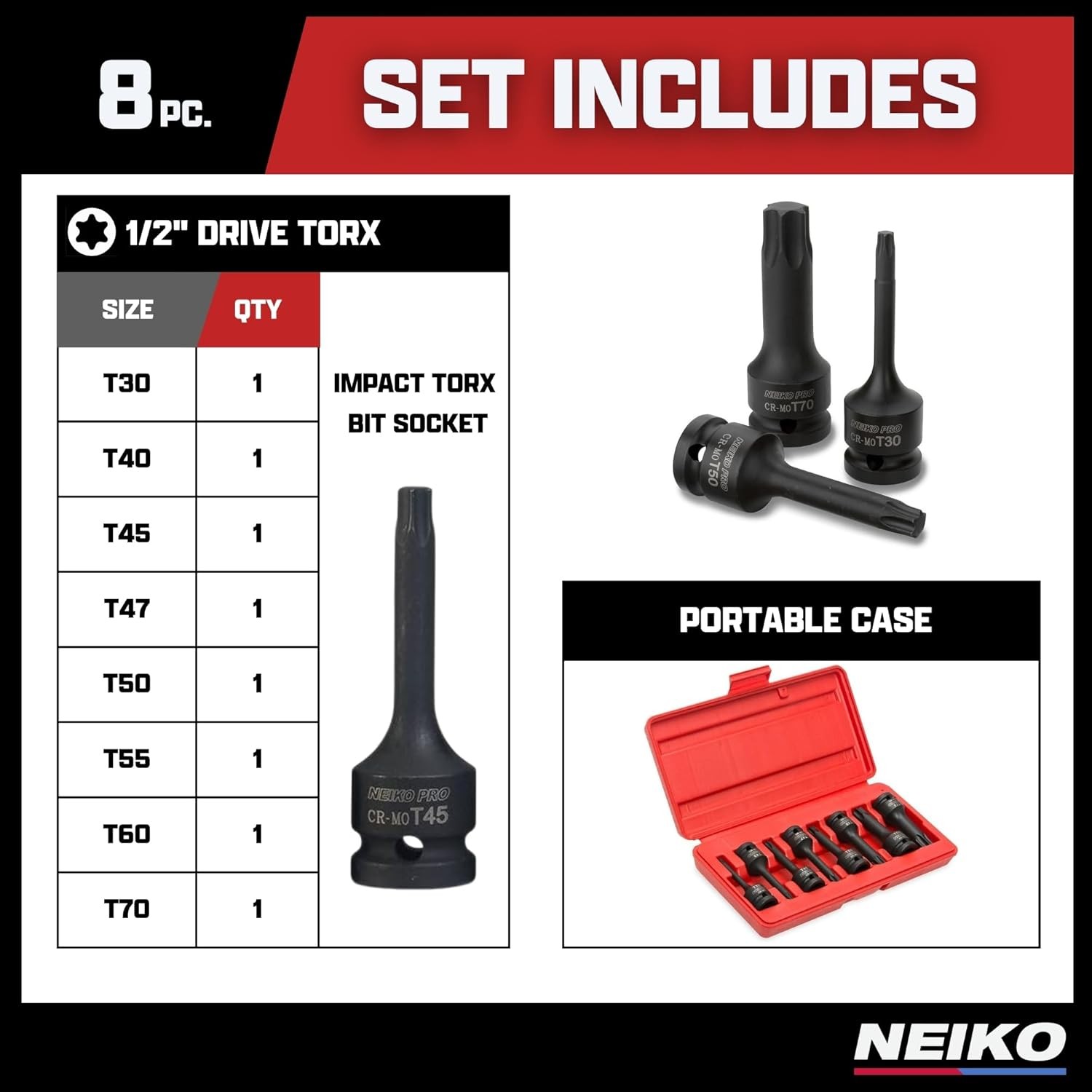 NEIKO 01138B 1/2” Drive Torx Star Driver Bit Socket Set, 8 Piece, T30 to T70