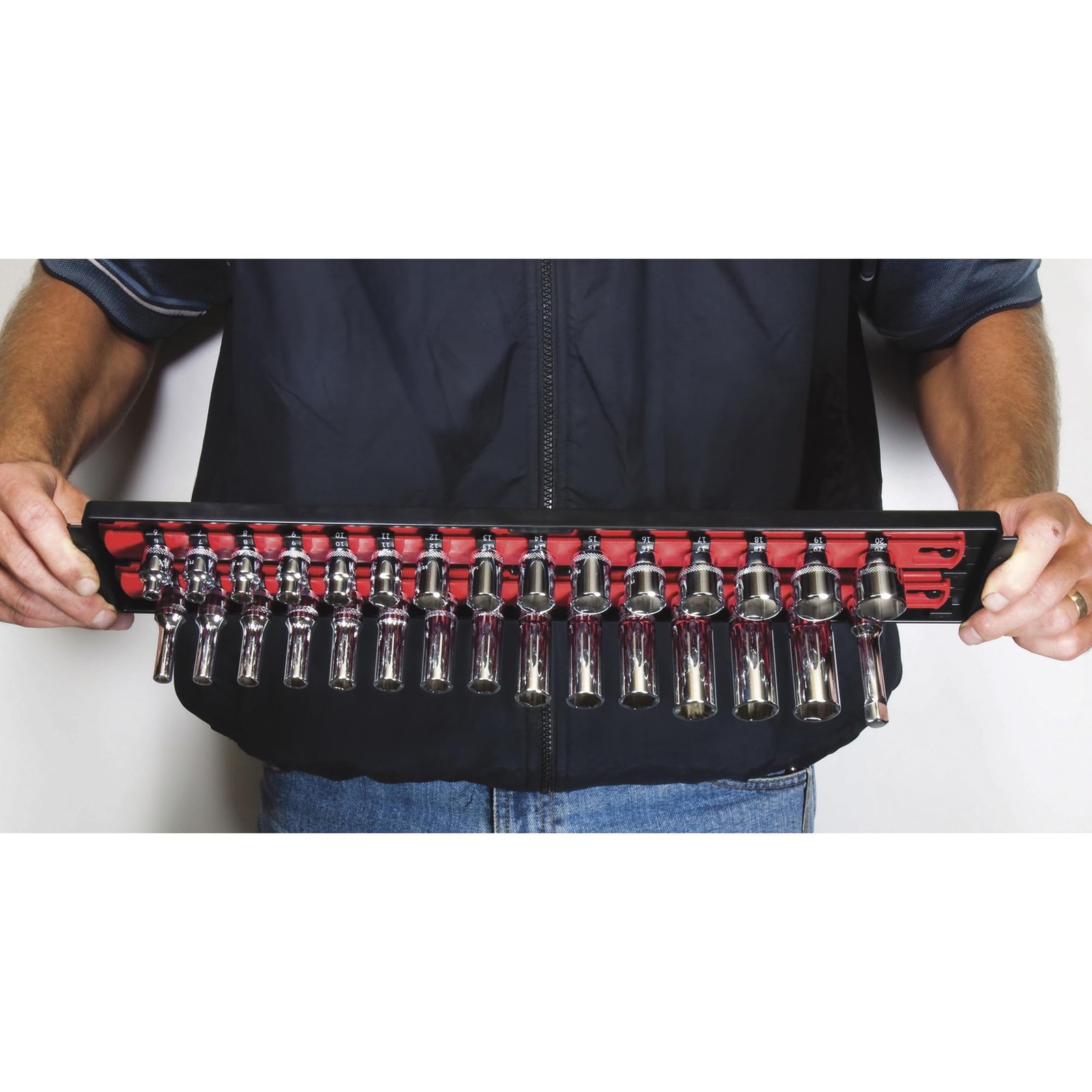 Socket Organizer 3/8 Drive 19 Inch 2 Rail Red Ernst 8453 Manufacturing Boss Tray
