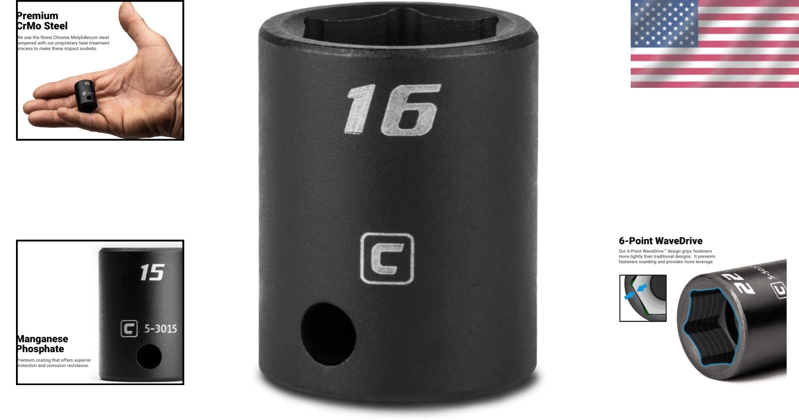 Professional 16 mm Impact Socket, 3/8-Inch Drive, Corrosion-Resistant Coating